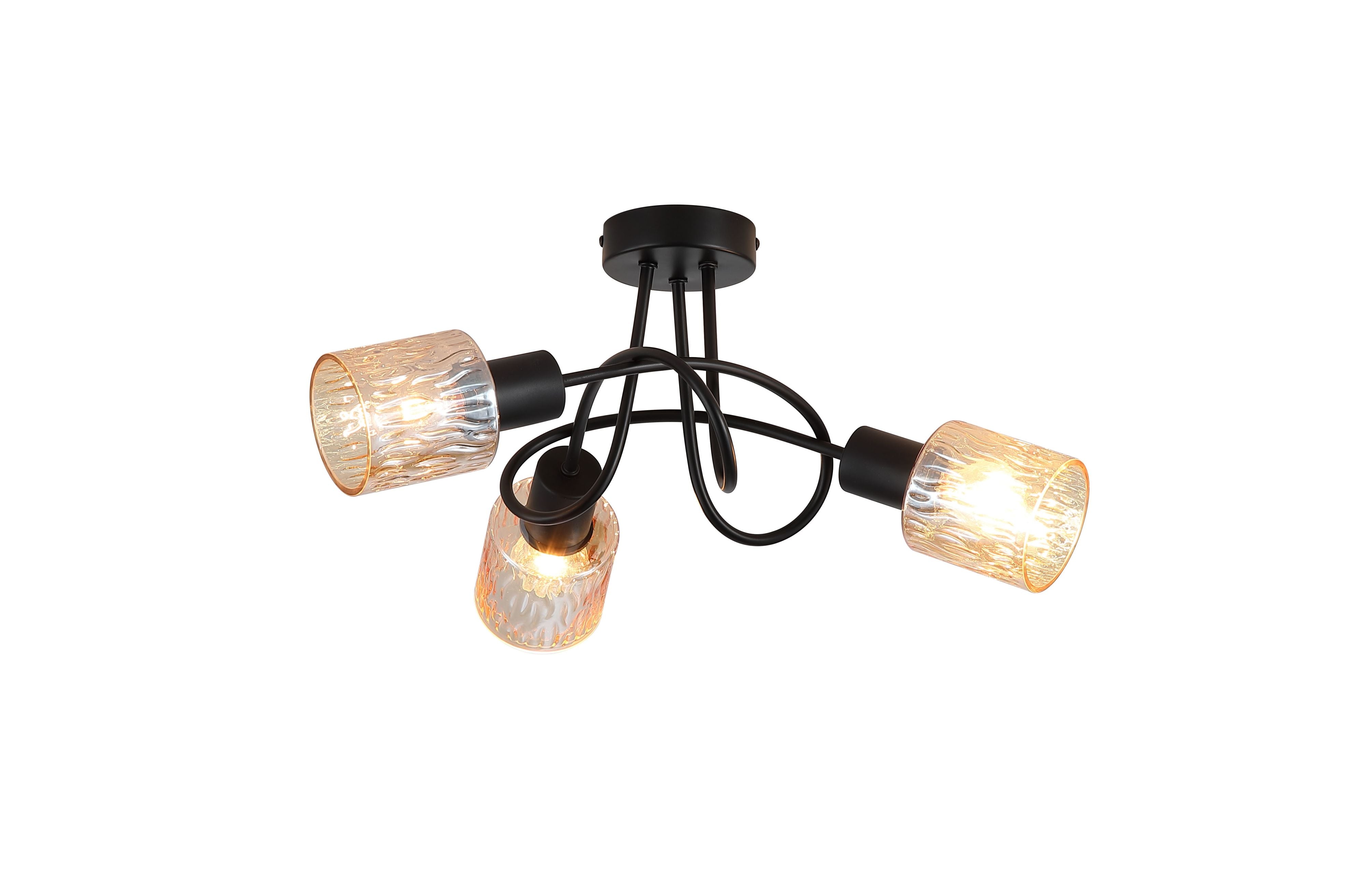 Searchlight Knot 3 Light Ceiling Lamp in matte black with amber textured glass shades, studio shot on white background