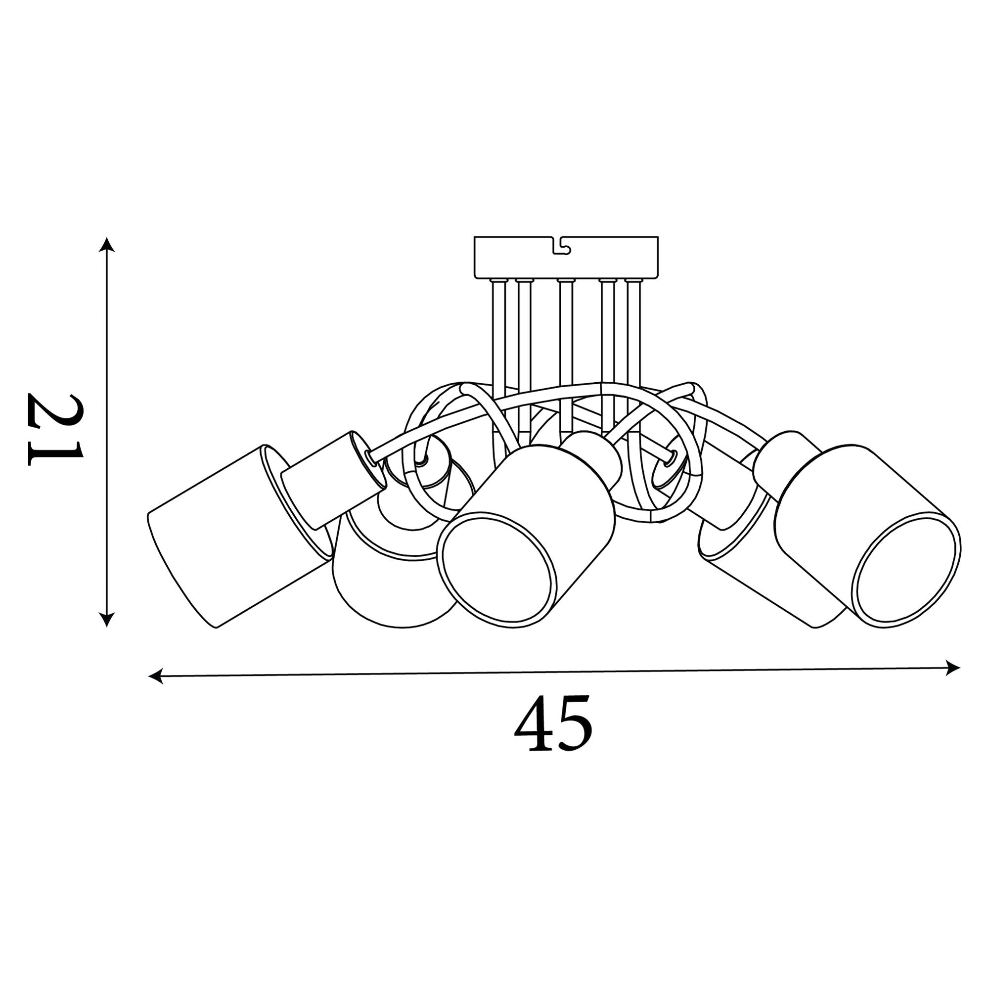 Technical line drawing of the Searchlight Knot 5 Light Ceiling Lamp showing dimensions of 45cm wide by 21cm high
