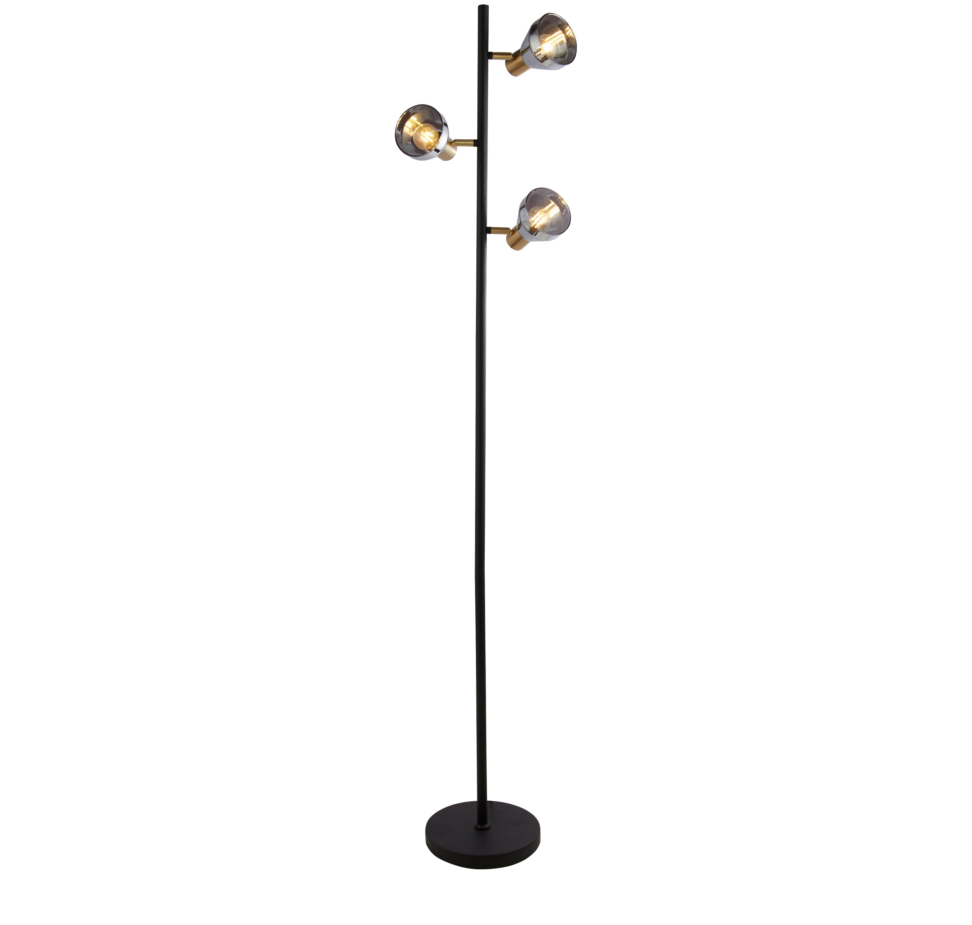 Searchlight Westfield 3 Light Floor Lamp - Black, Satin Brass Metal & Smoked