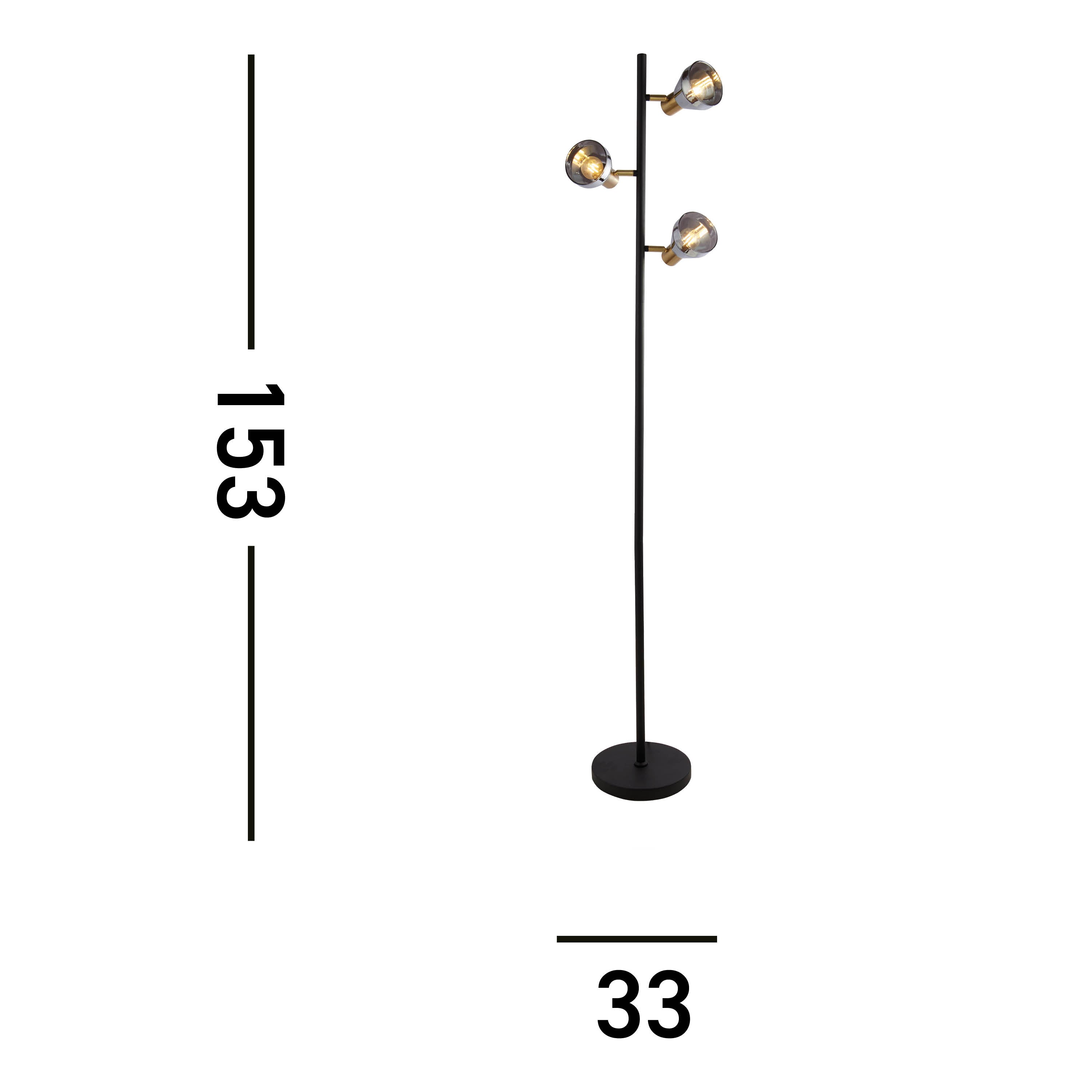 Searchlight Westfield 3 Light Floor Lamp - Black, Satin Brass Metal & Smoked