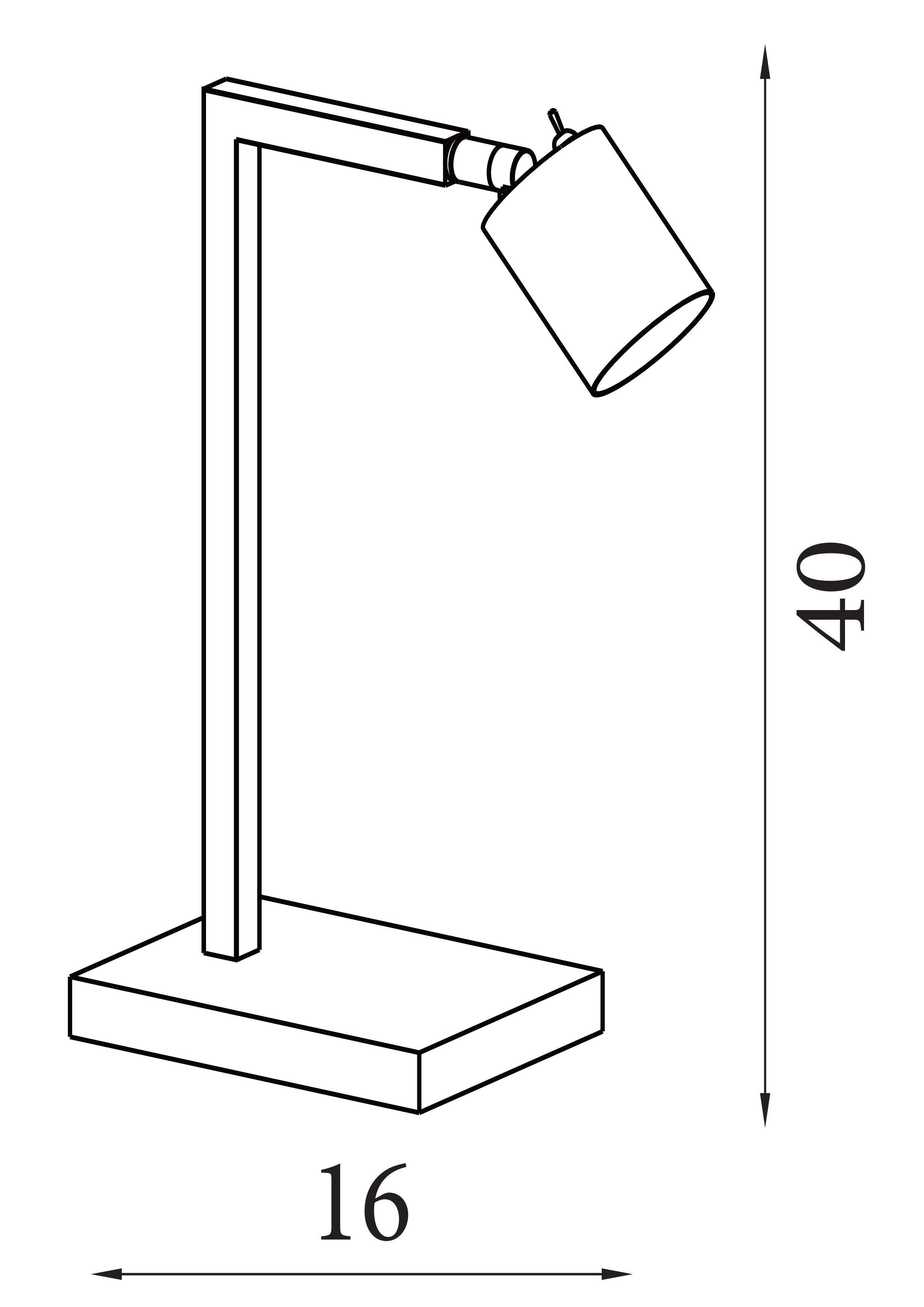 Line drawing of the Office table lamp showing dimensions of 40cm height and 16cm width