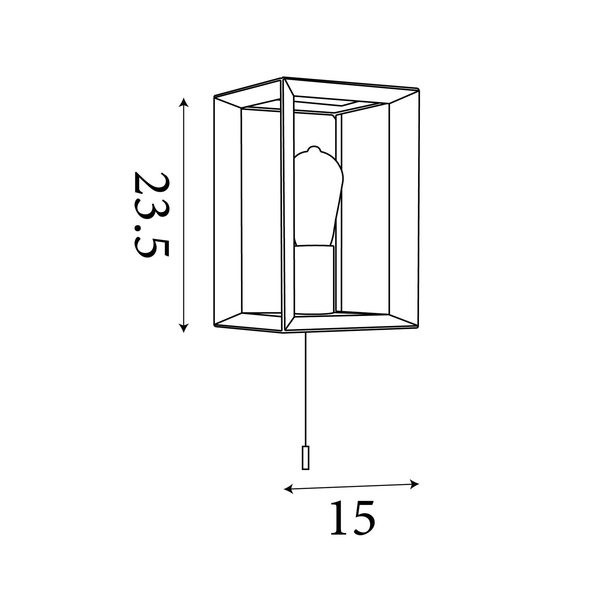 Technical line drawing of the Searchlight Heaton Wall Light with height and width dimensions marked in centimetres