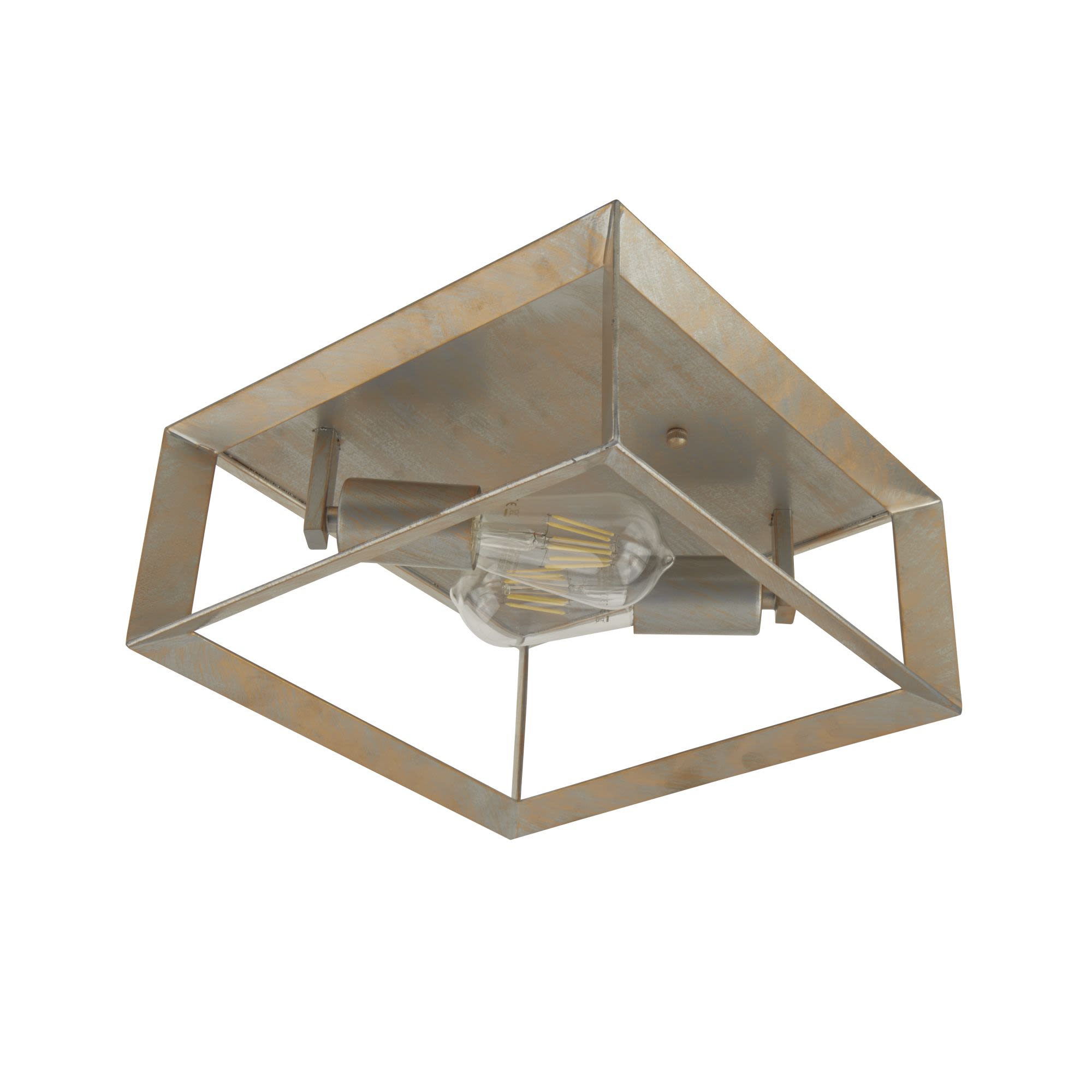 Searchlight Heaton 2 Light Flush ceiling light in brushed gold and silver metal, alternative angled view showing the geometric open cube frame