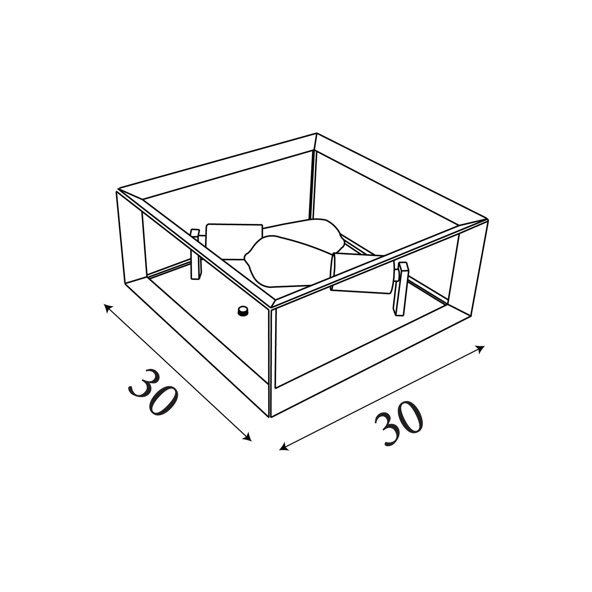 Technical line drawing of the Searchlight Heaton 2 Light Flush ceiling light with width, depth and height dimensions marked in centimetres