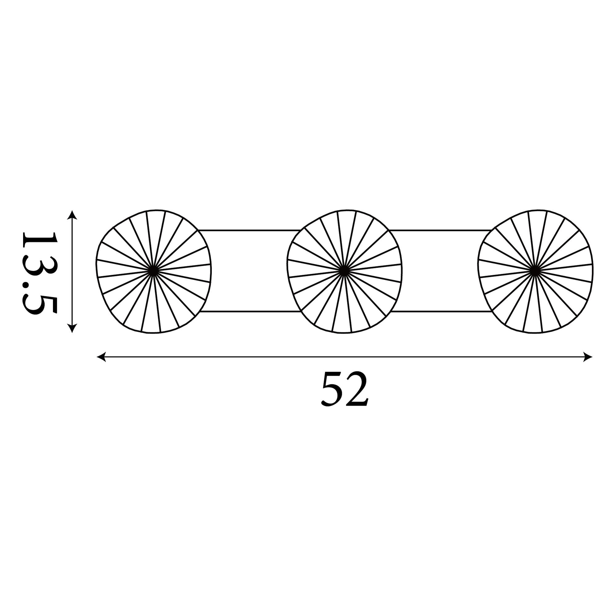 Technical line drawing of the Searchlight Sunbeam 3 light wall light showing dimensions of 13.5cm height and 52cm width