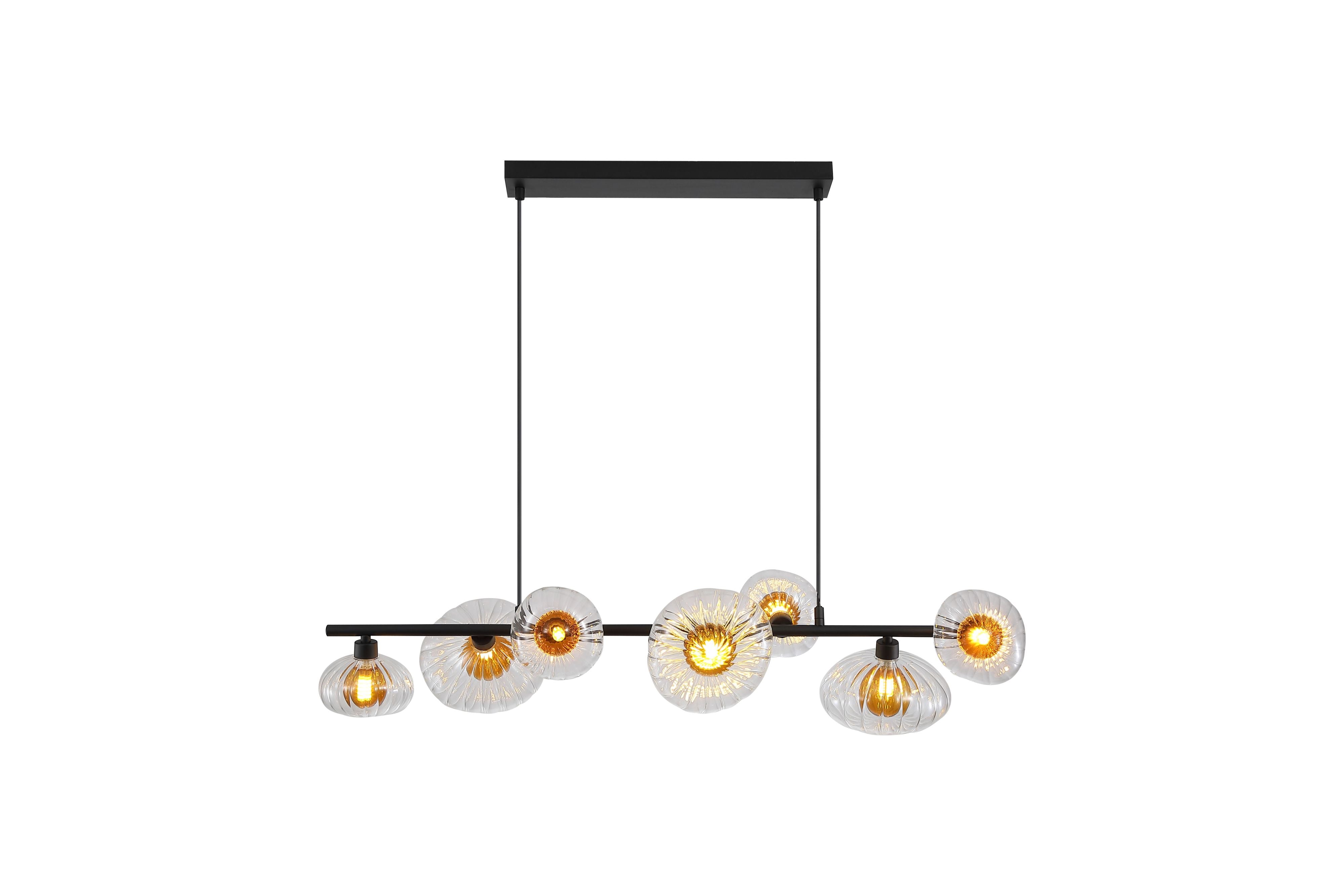 Searchlight Sunbeam 7 light pendant, seven lit clear ribbed glass shades in mixed disc and dome shapes suspended from a black bar on a white background