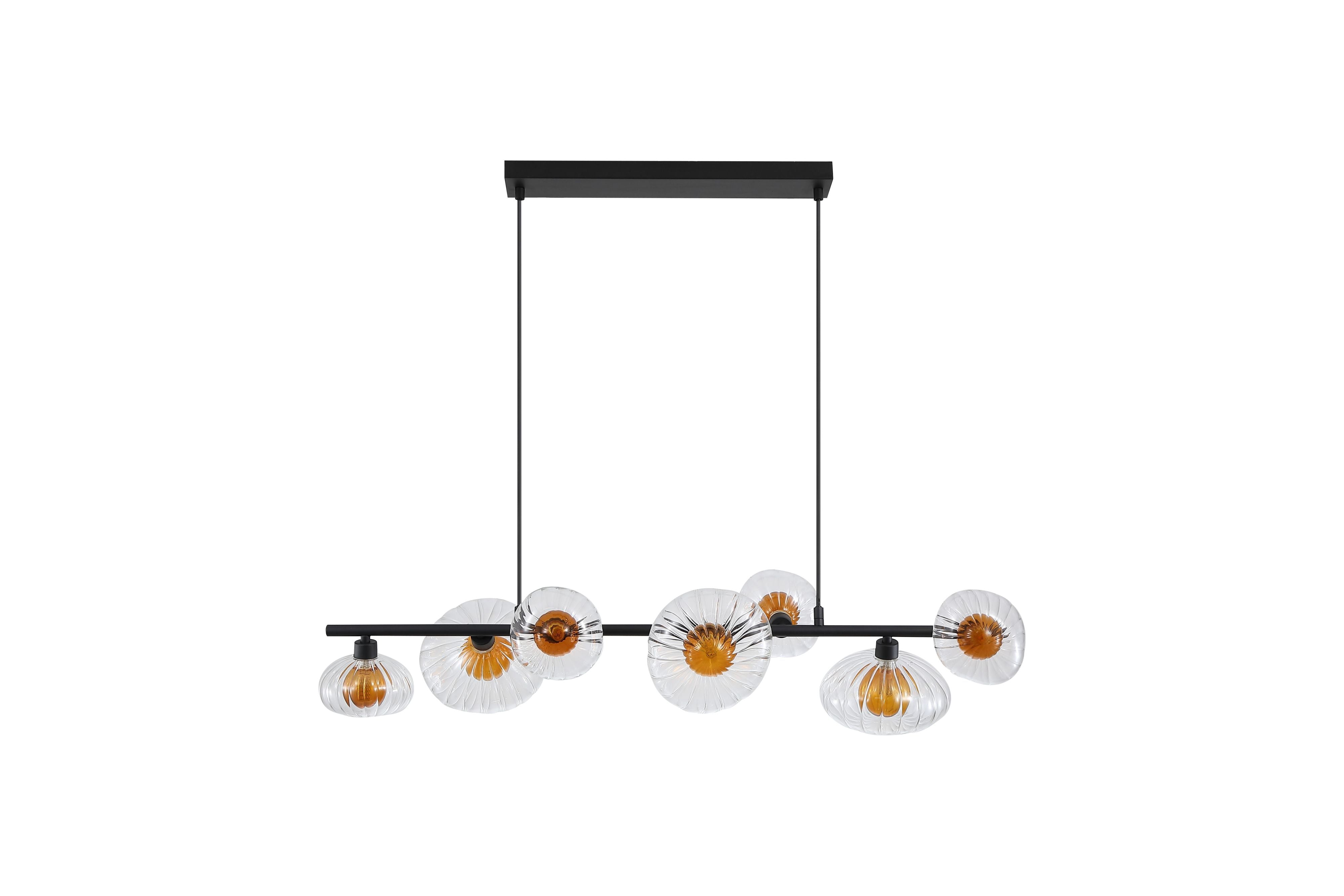 Searchlight Sunbeam 7 light pendant, second studio angle showing the staggered arrangement of amber toned glass shades along the black bar