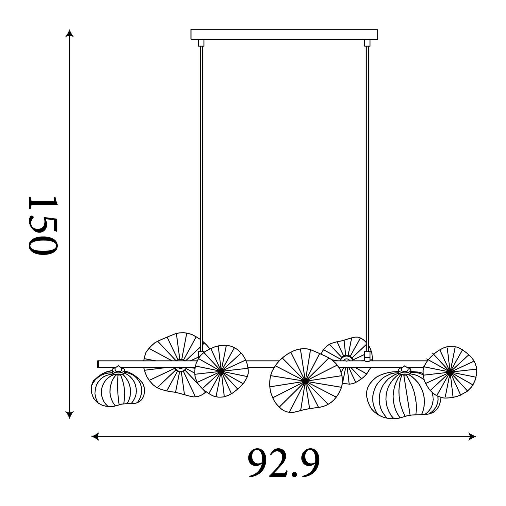 Technical line drawing of the Searchlight Sunbeam 7 light pendant showing a 150cm maximum drop and 92.9cm bar length