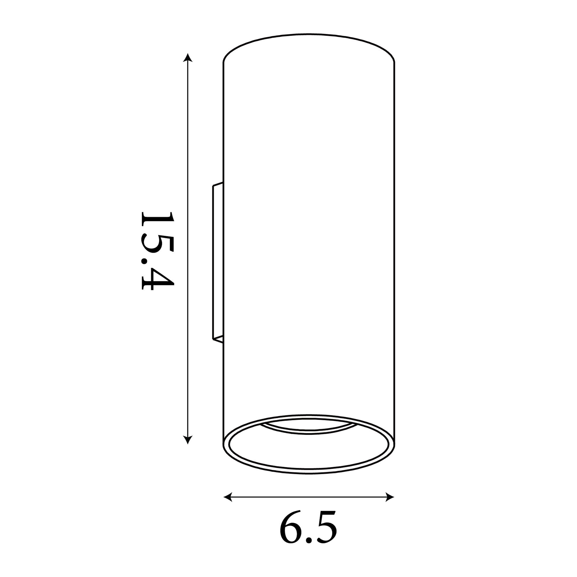 Technical line drawing of the Searchlight Cyls up and down wall light in latte finish showing dimensions of 15.4cm height and 6.5cm width