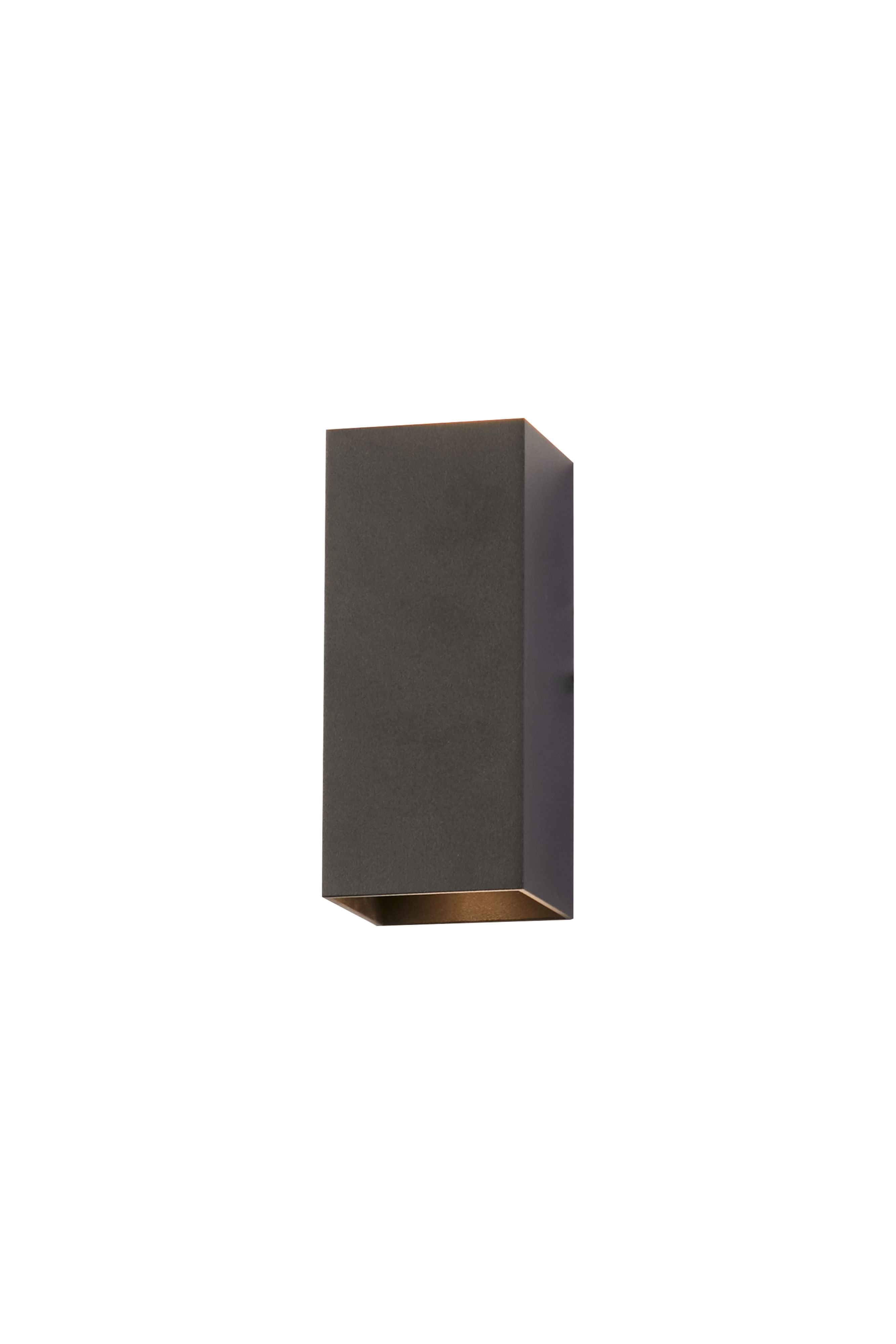 Searchlight Don square up and down wall light in matte black, angled studio shot showing the rectangular aluminium body and bottom light aperture
