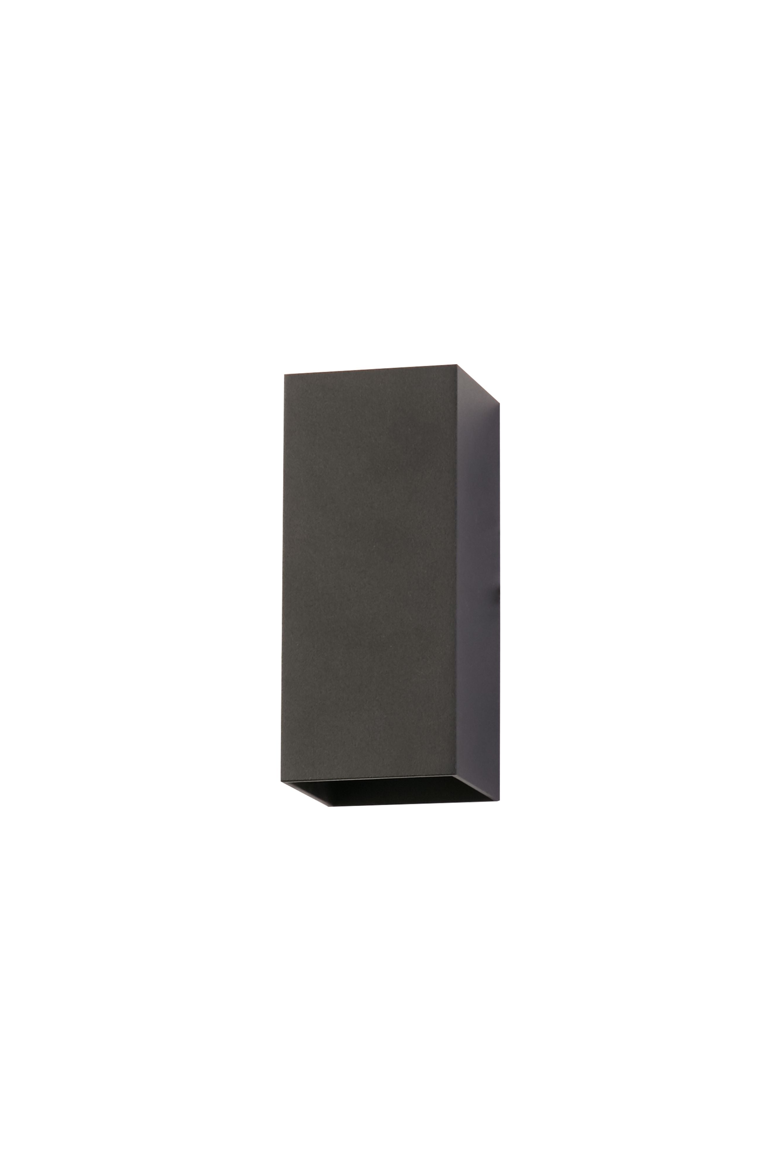 Searchlight Don square up and down wall light in matte black, second angled studio view of the aluminium body and bottom light slot