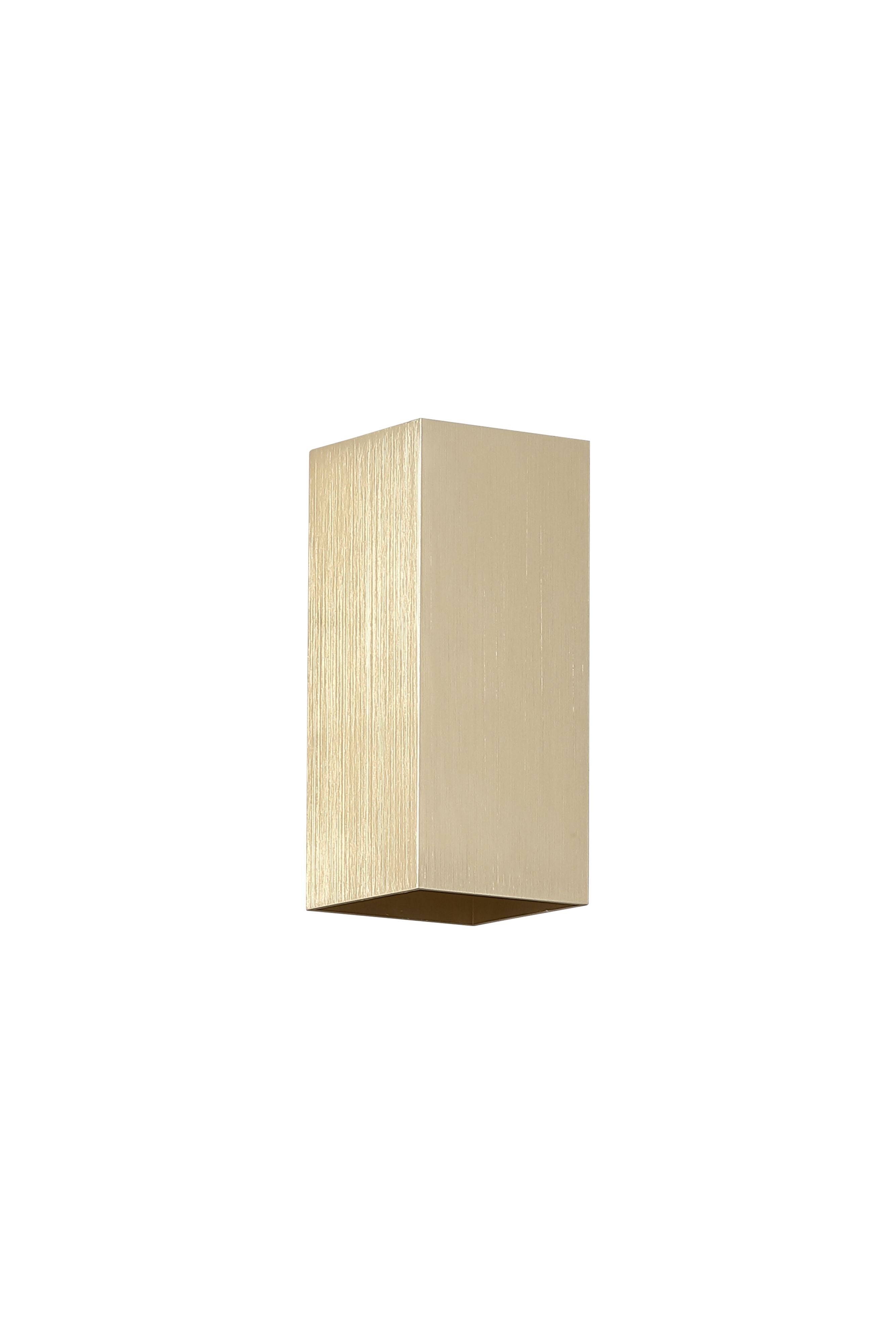 Searchlight Don square up and down wall light in brushed gold, second angled studio view showing the bottom light aperture