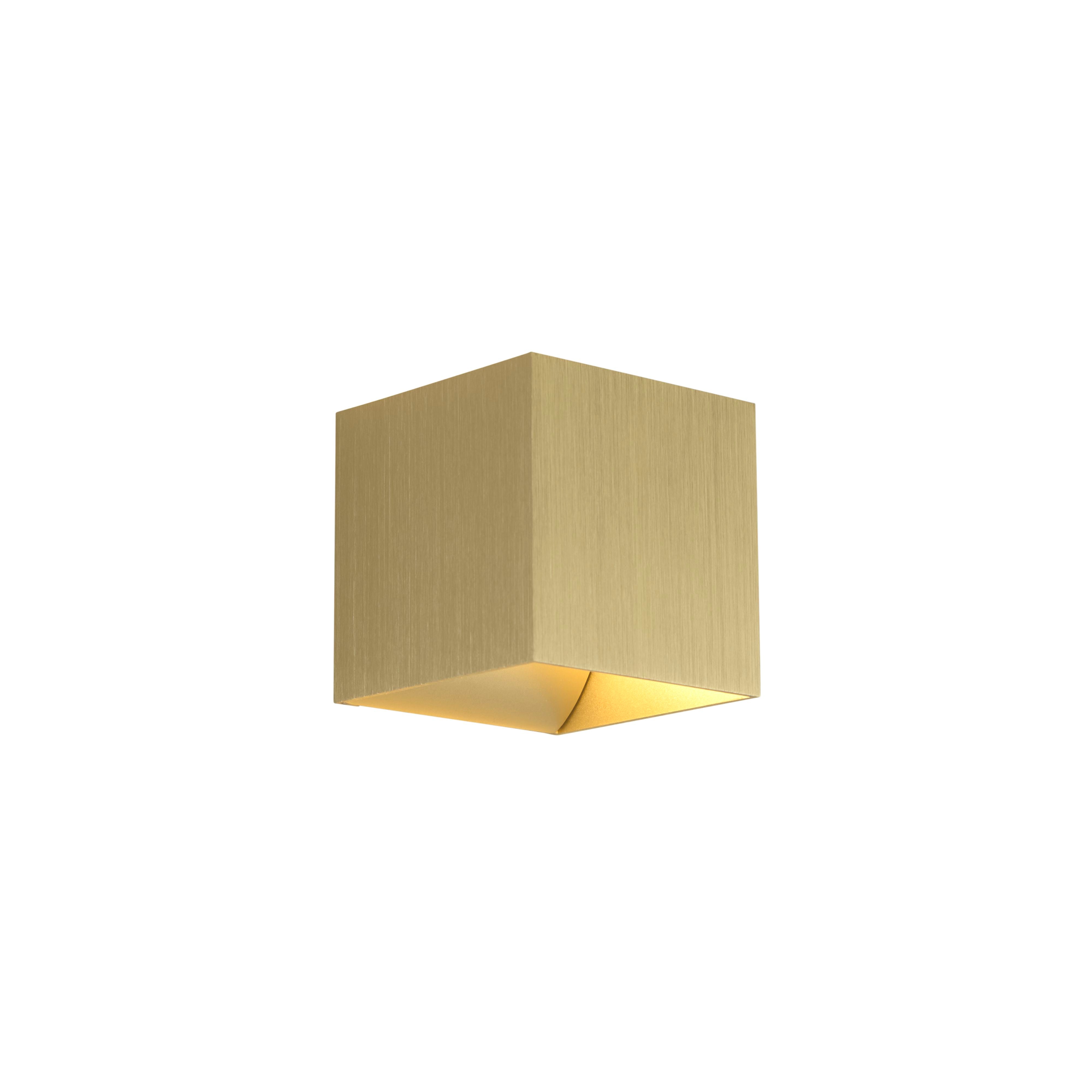 Searchlight Newton Square Up & Down Wall Light in anodised gold, front three quarter studio view showing the brushed metallic cube body
