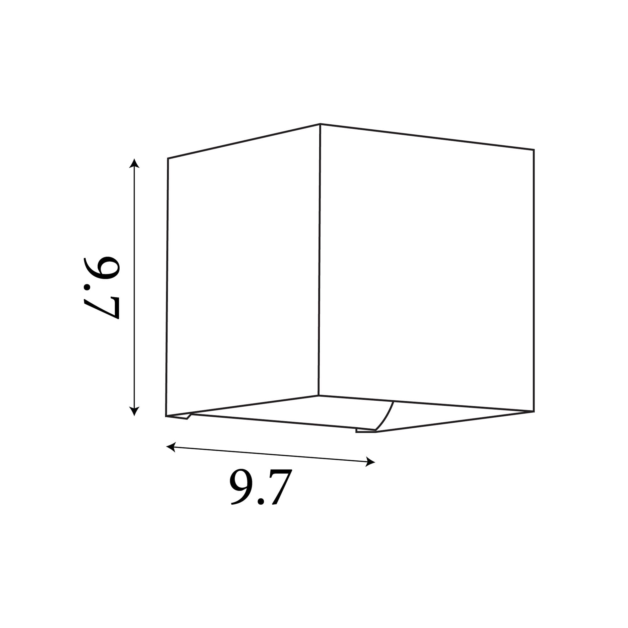 Technical line drawing of the Newton Square wall light showing 9.7cm height and 9.7cm width dimensions