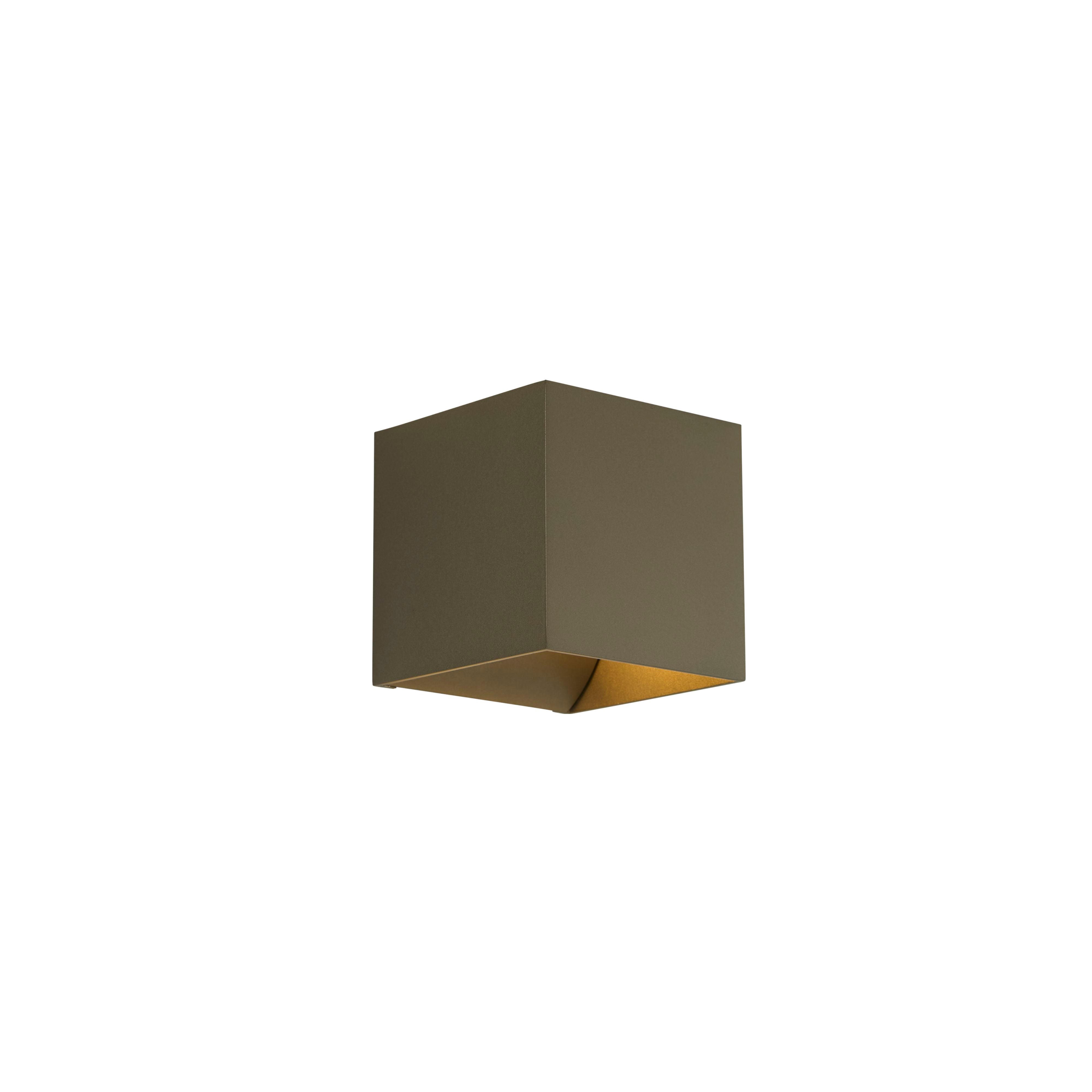 Searchlight Newton Square Up & Down Wall Light in latte, front three quarter studio view showing the matte taupe cube body