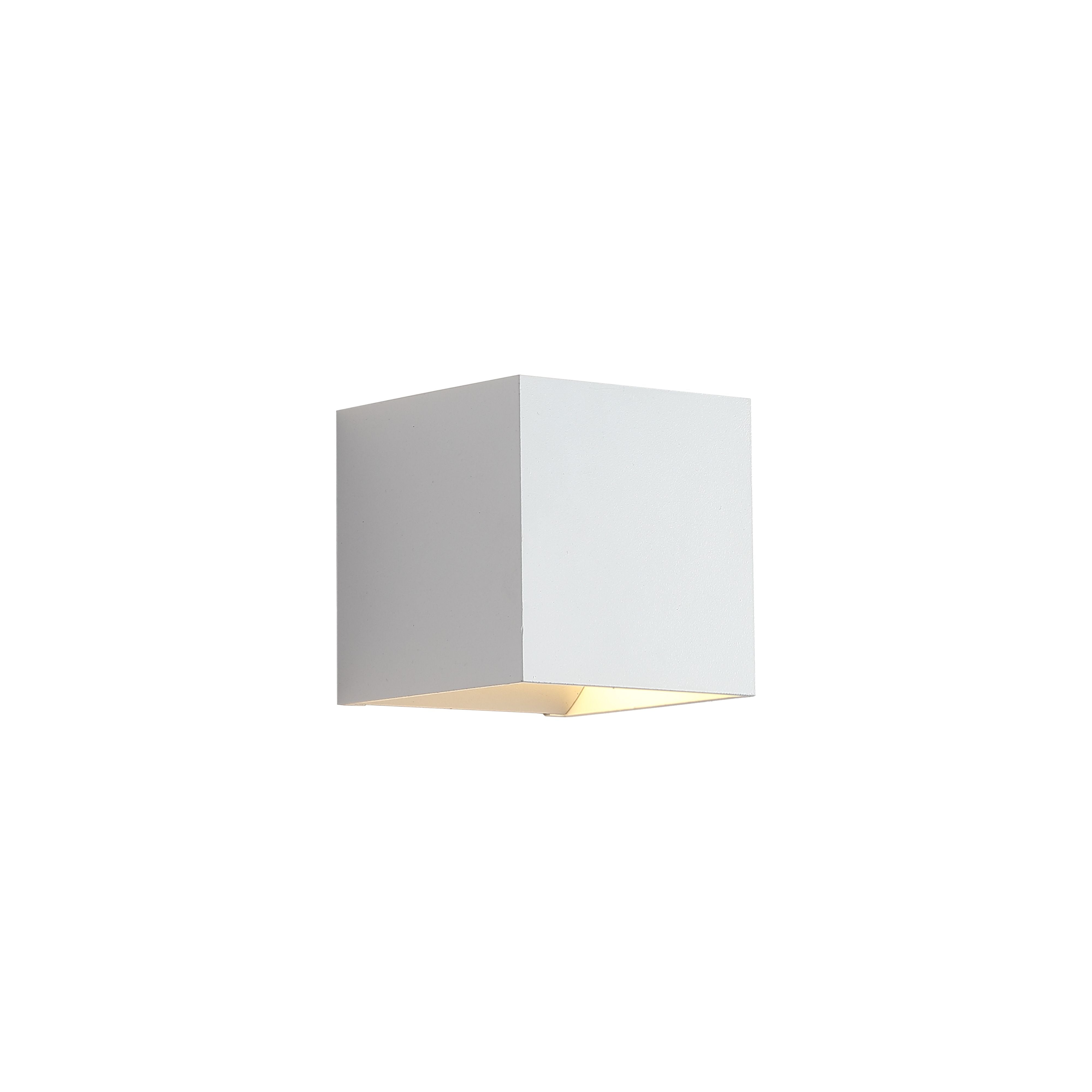 Searchlight Newton Square Up & Down Wall Light in sand white, front three quarter studio view showing the cube body