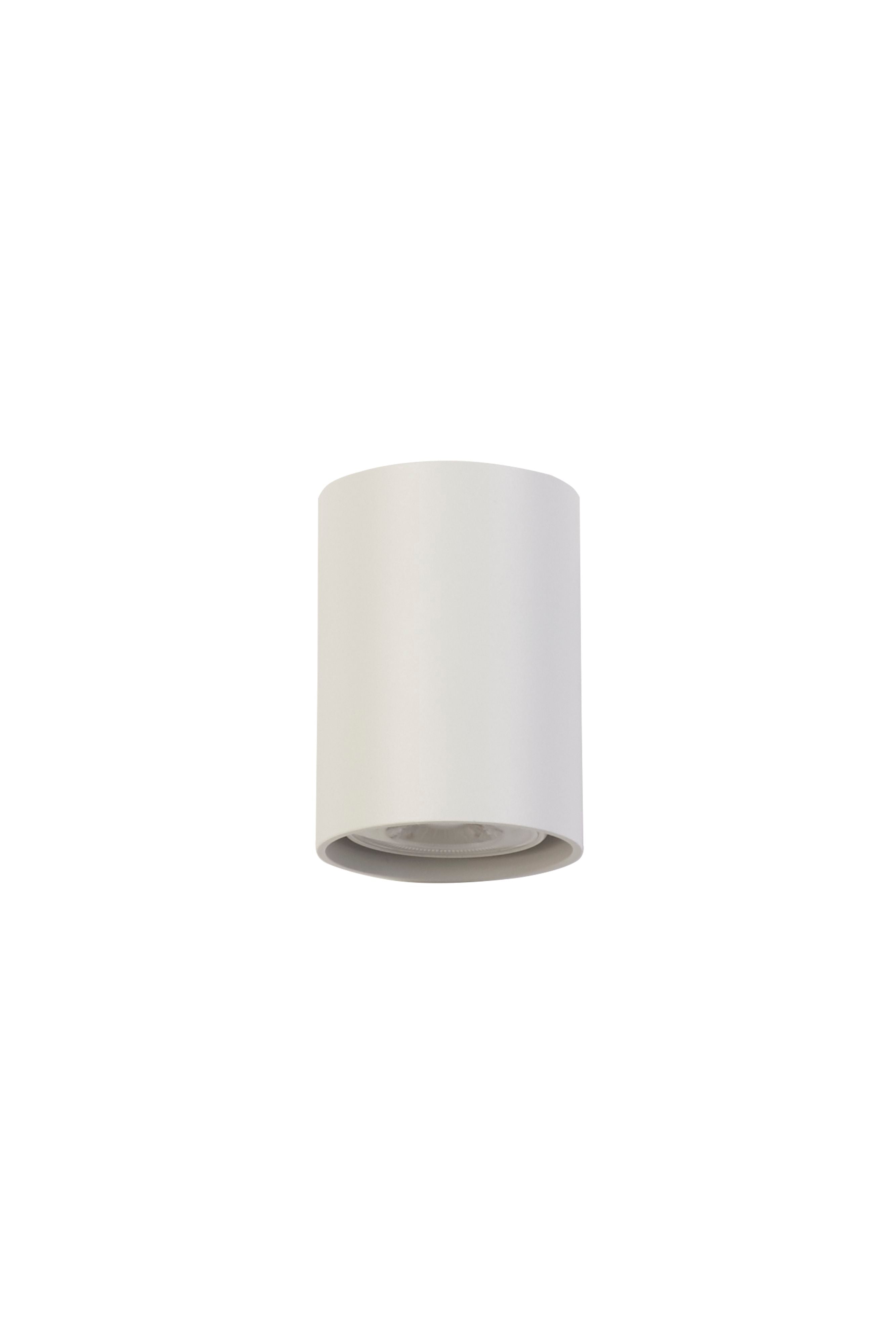 Searchlight Cyls cylinder wall light in white, front angled studio shot with the GU10 bulb visible inside the downward aperture