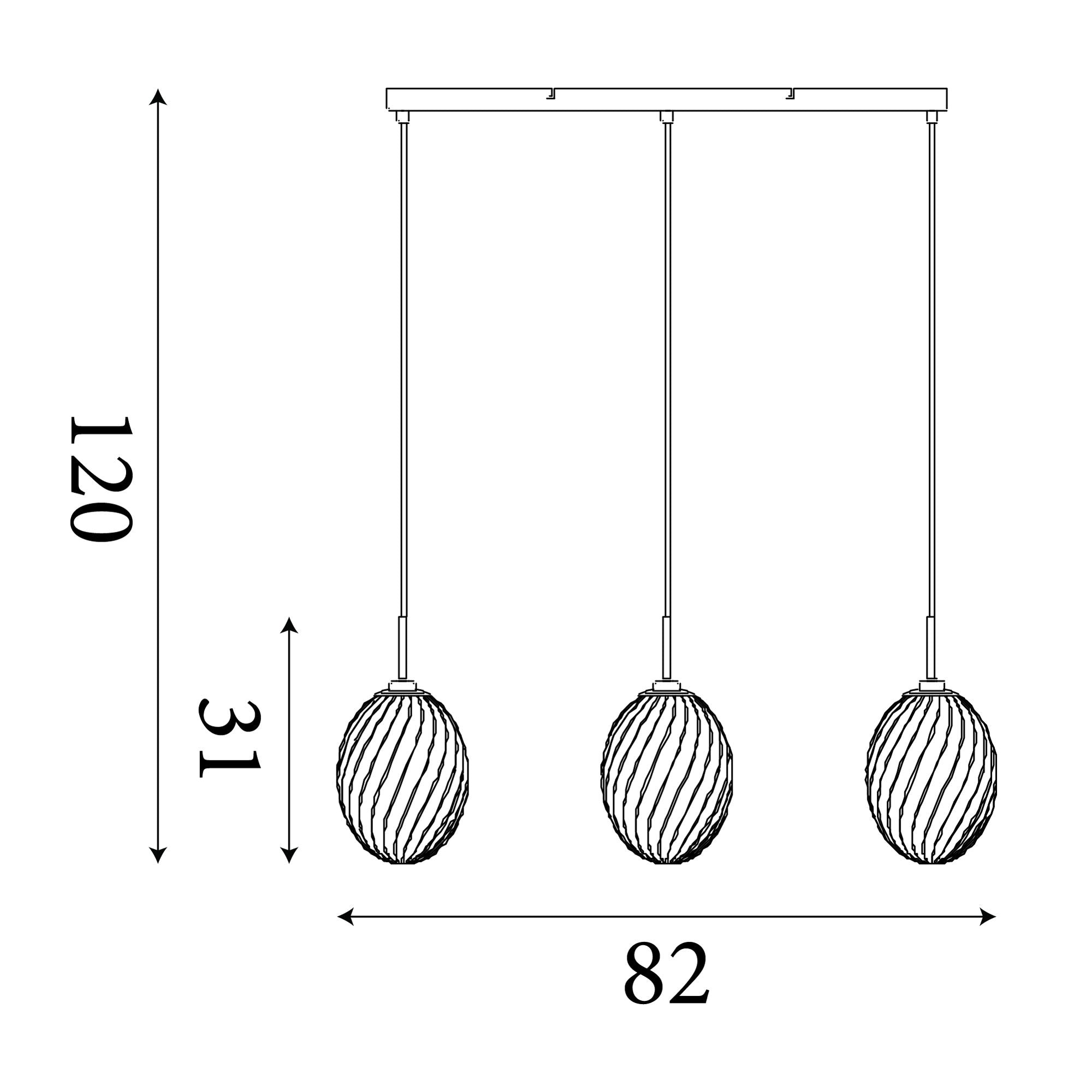 Line drawing of the Searchlight Whirl 3 light bar pendant showing an 82cm bar width, 120cm maximum drop and 31cm shade height