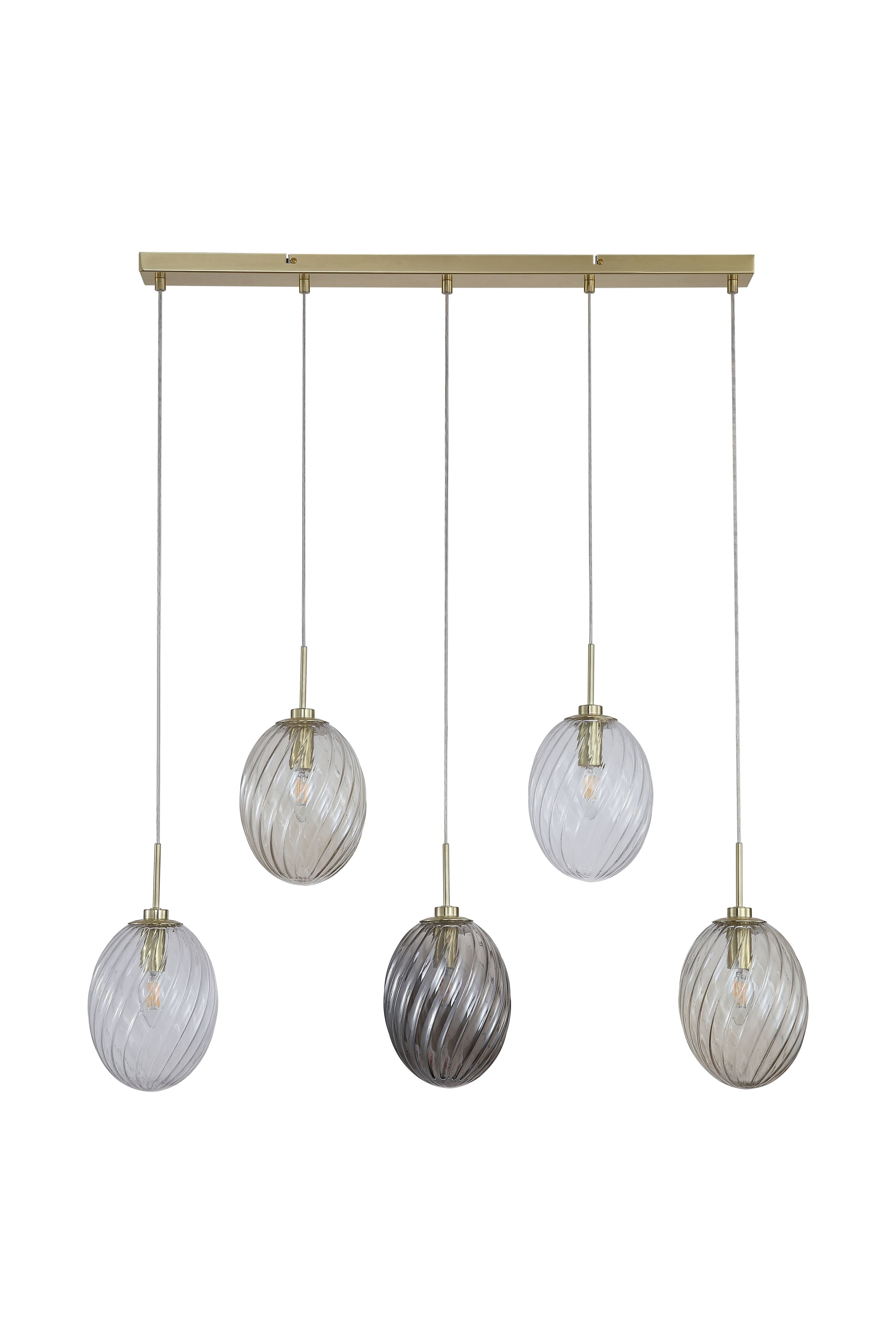 Searchlight Whirl 5 Light Bar Pendant, angled view of the staggered clear, champagne and smoked glass shades with lit bulbs on satin brass rods