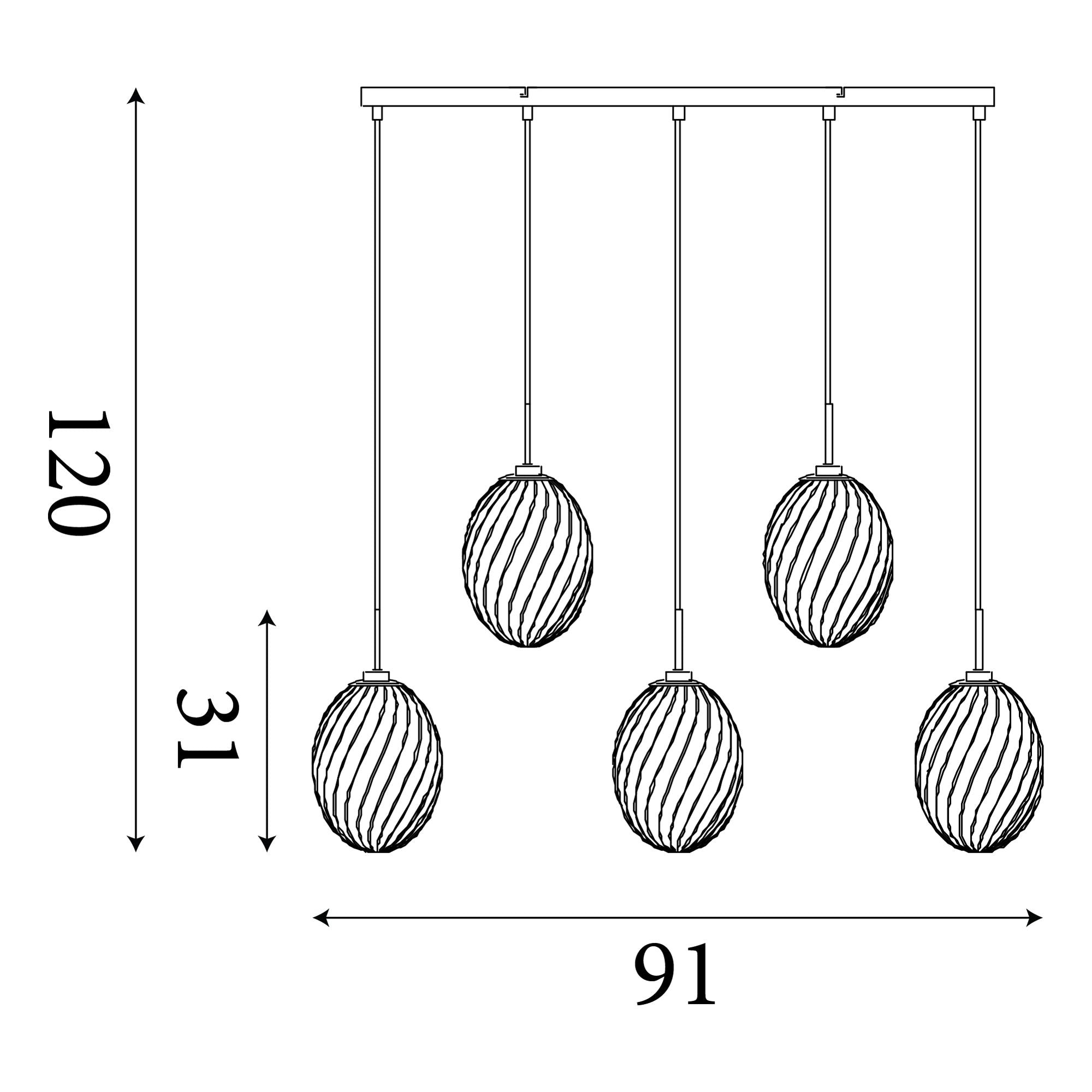 Technical line drawing of the Whirl 5 Light Bar Pendant showing a 91cm ceiling bar, 120cm maximum drop and 31cm shade height