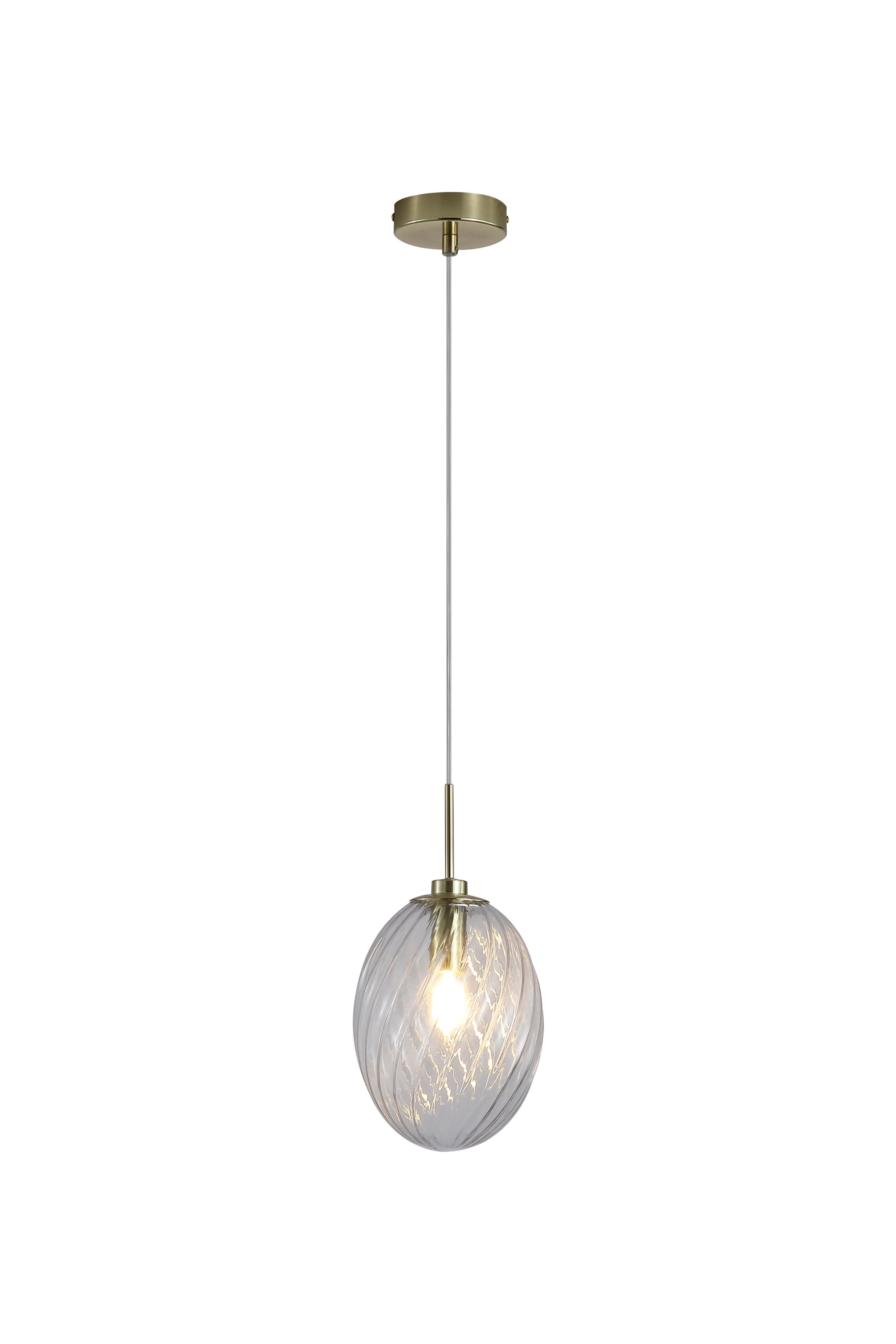 Searchlight Whirl 1 Light Pendant in satin brass and clear glass, full view of the ribbed oval glass shade hanging from a satin brass rod and ceiling rose