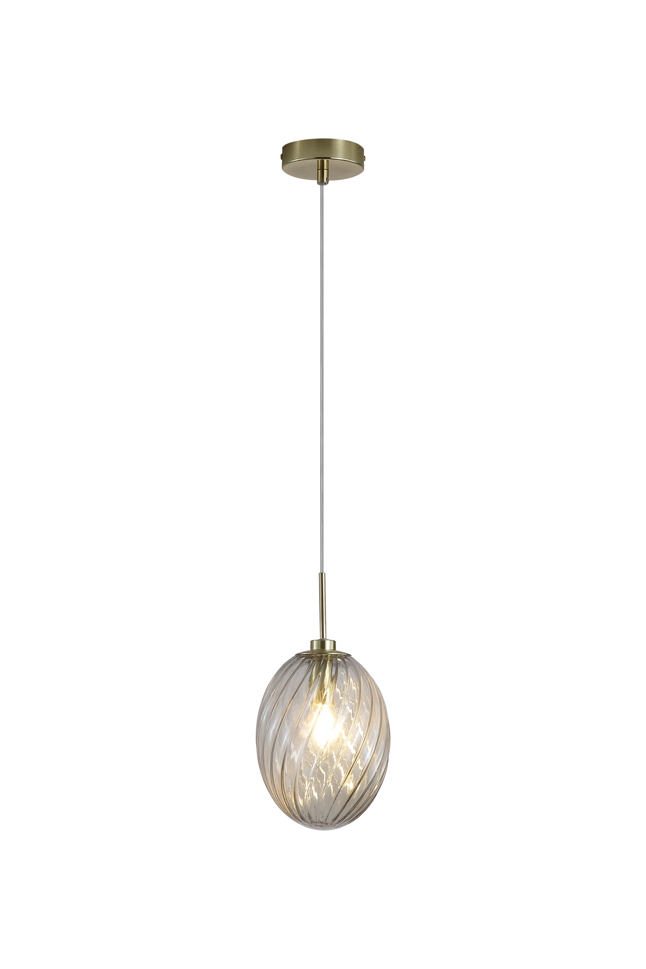 Searchlight Whirl 1 light pendant with a satin brass ceiling rose and rod, suspending an oval champagne tinted swirled glass shade with a lit bulb, against a plain white background