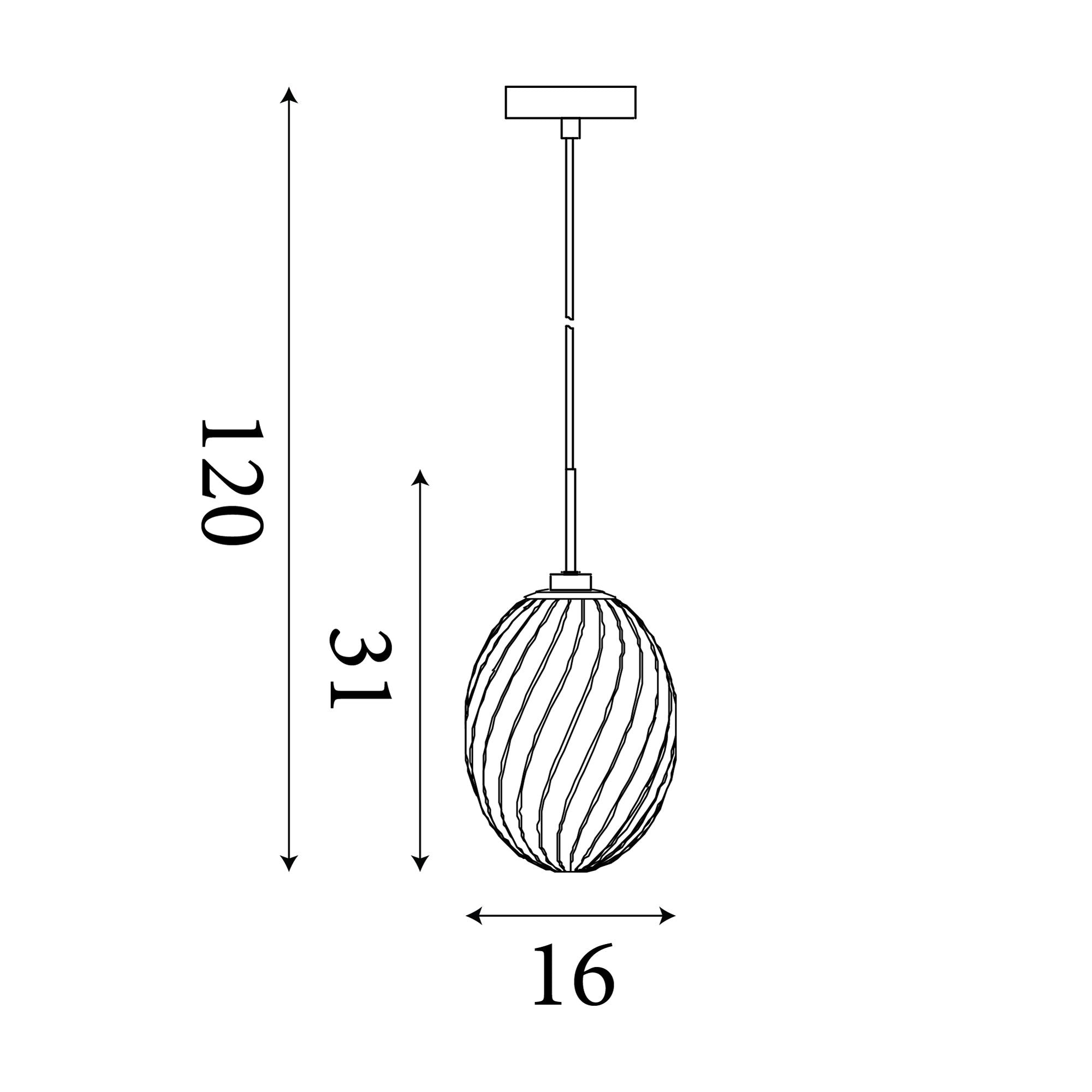 Line drawing of the Searchlight Whirl 1 light pendant showing a maximum drop of 120cm, shade height of 31cm and shade width of 16cm