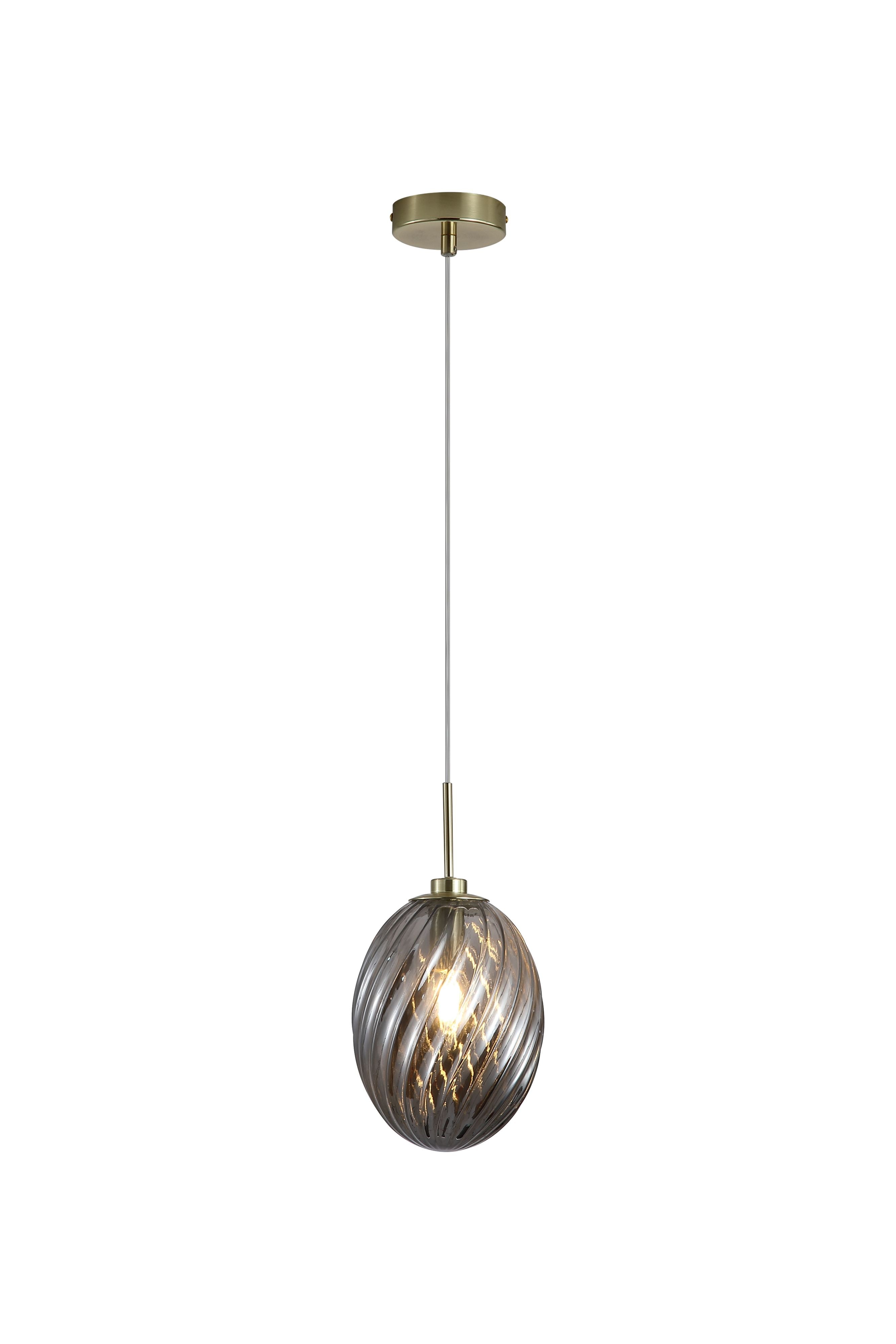 Searchlight Whirl 1 light pendant with a satin brass ceiling rose and rod, suspending an oval smoked grey swirled glass shade with a lit bulb, against a plain white background