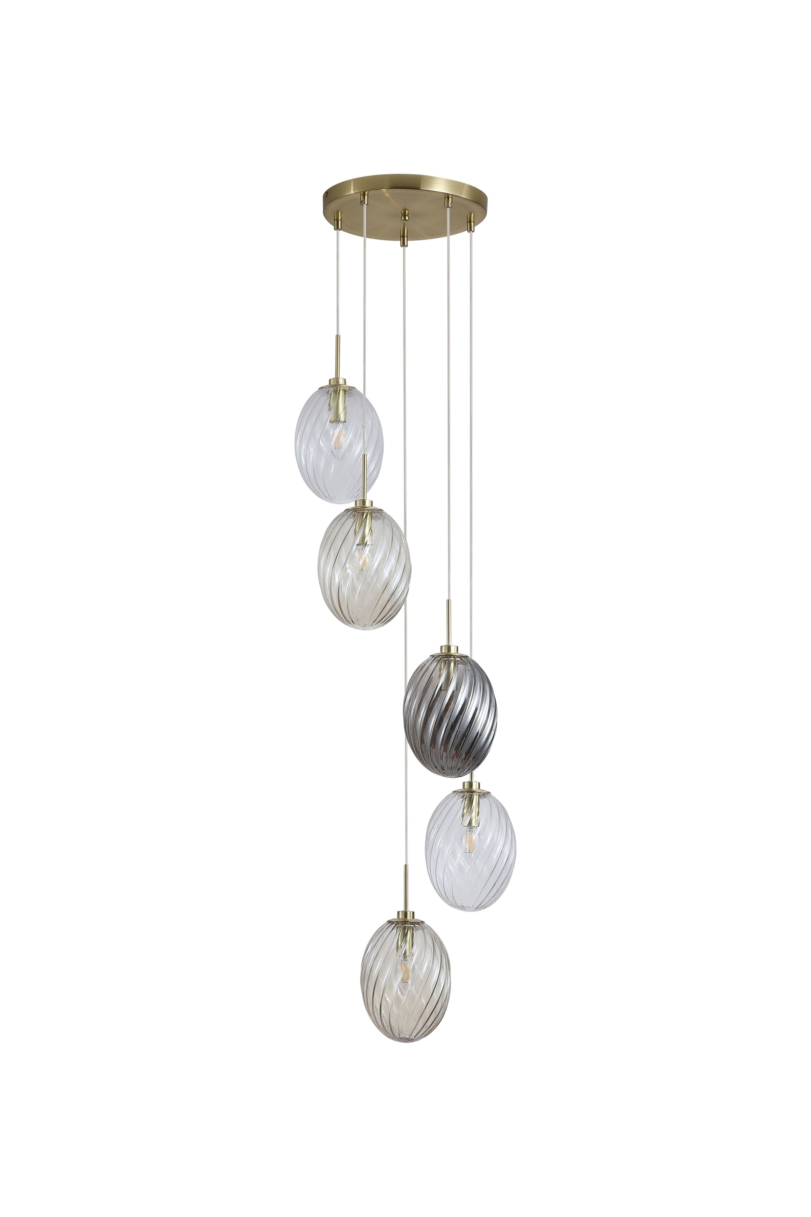 Close up of four of the swirled glass shades on the Searchlight Whirl 5 light multi drop pendant in clear, champagne and smoked tones, showing their staggered cascading heights against a soft grey background