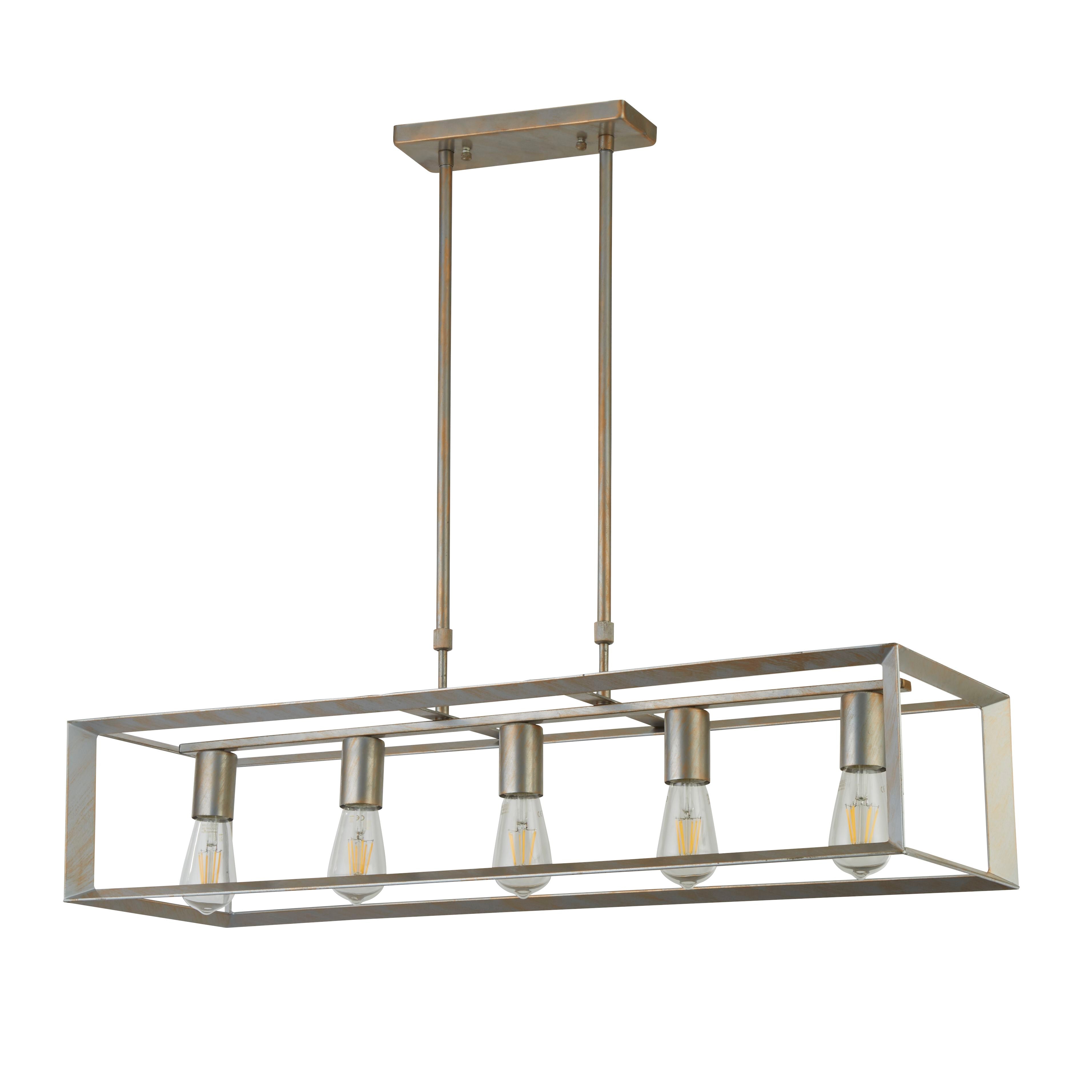 Searchlight Heaton 5 Light Pendant in brushed gold and silver metal, alternative straight on view showing the suspension rods and cage frame