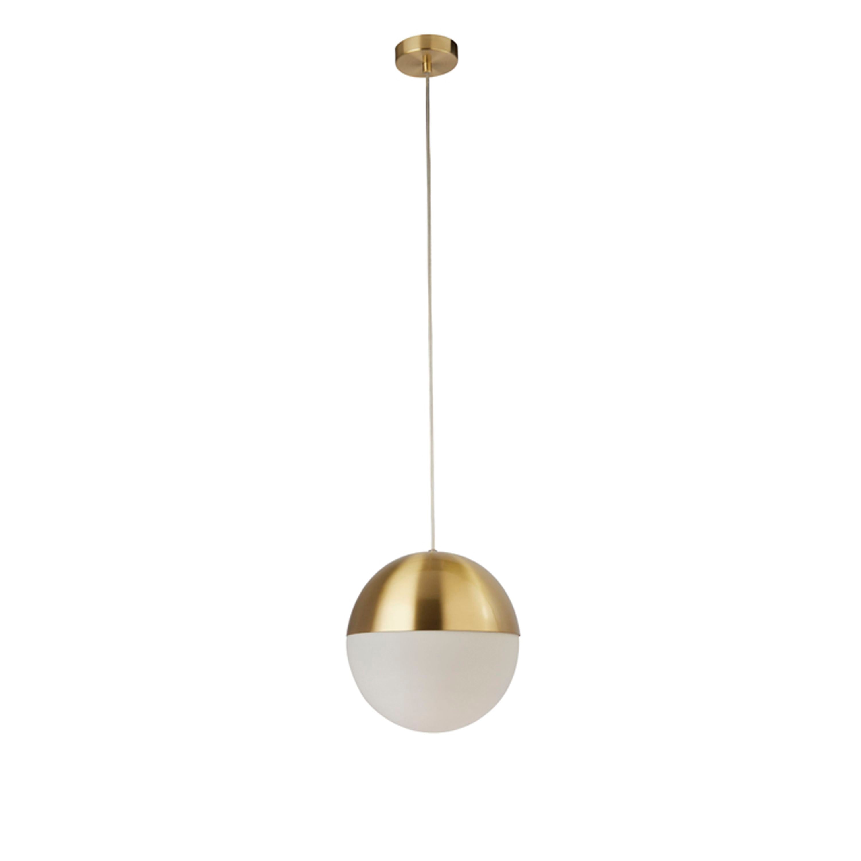 Searchlight Endor Pendant in satin brass and opal glass, alternate angle studio shot of the globe pendant
