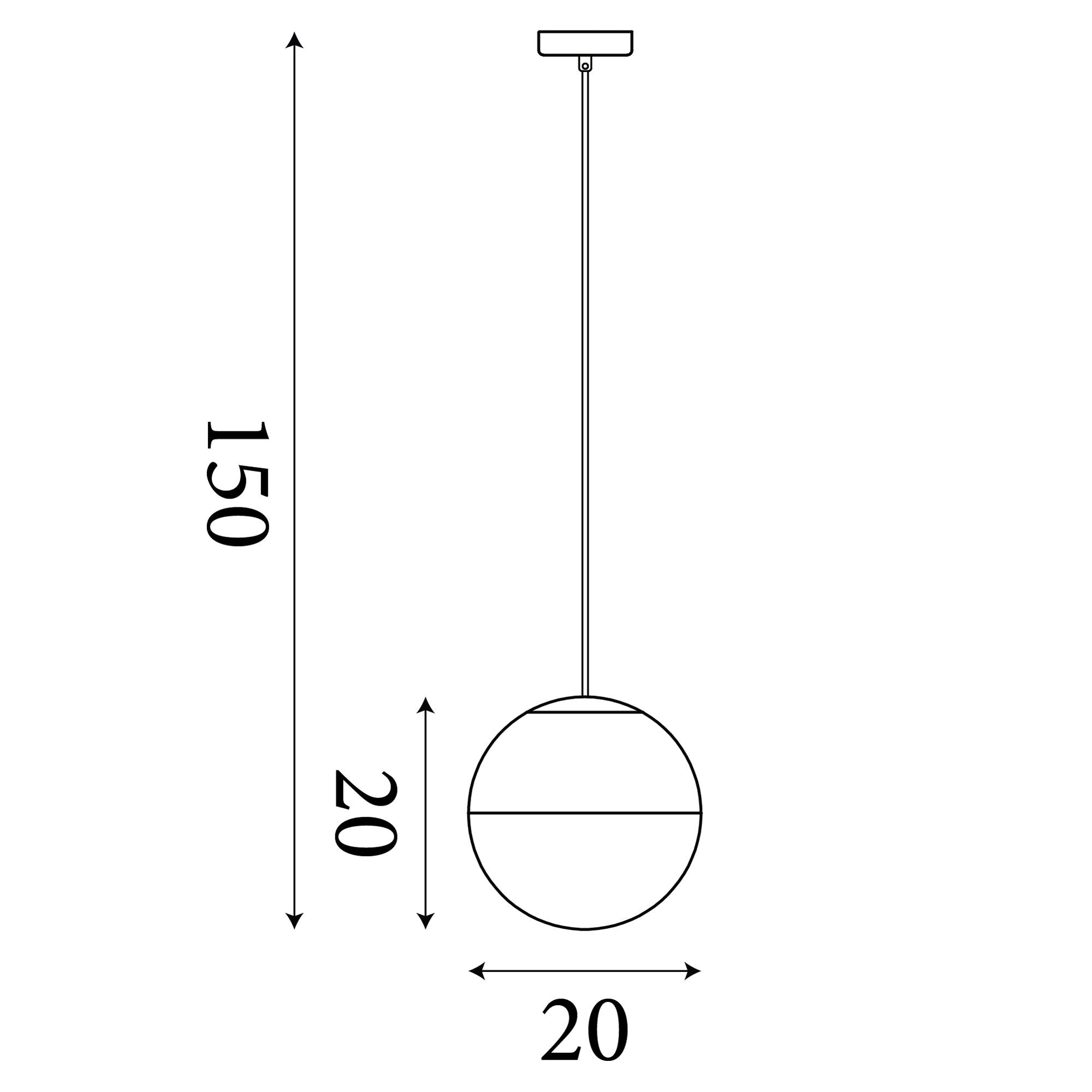 Technical drawing of the Endor Pendant showing a 150cm maximum drop and a 20cm globe diameter