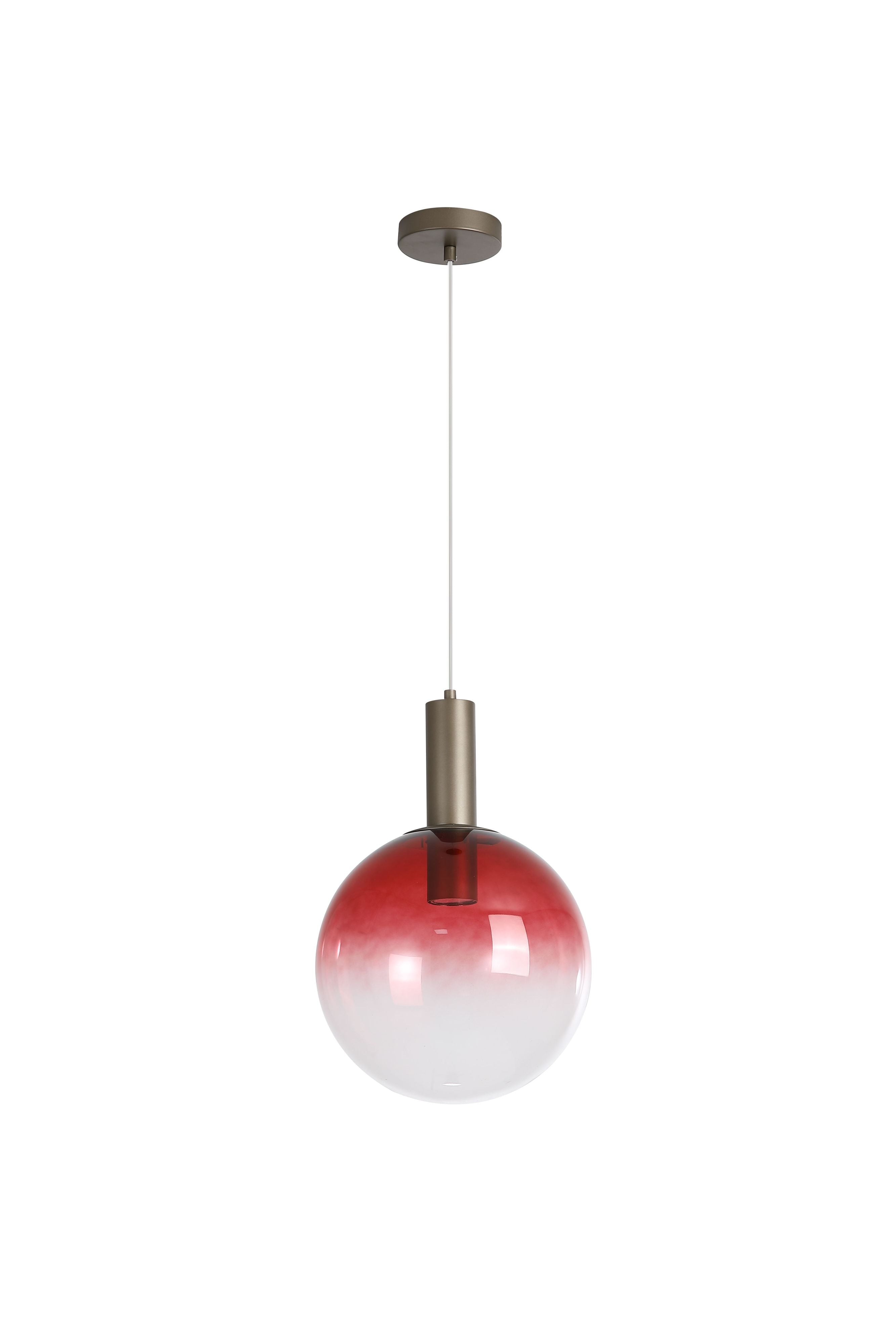 Searchlight Ombre 1 Light Pendant in ruby red ombre glass with a latte metal holder, studio shot - view 2