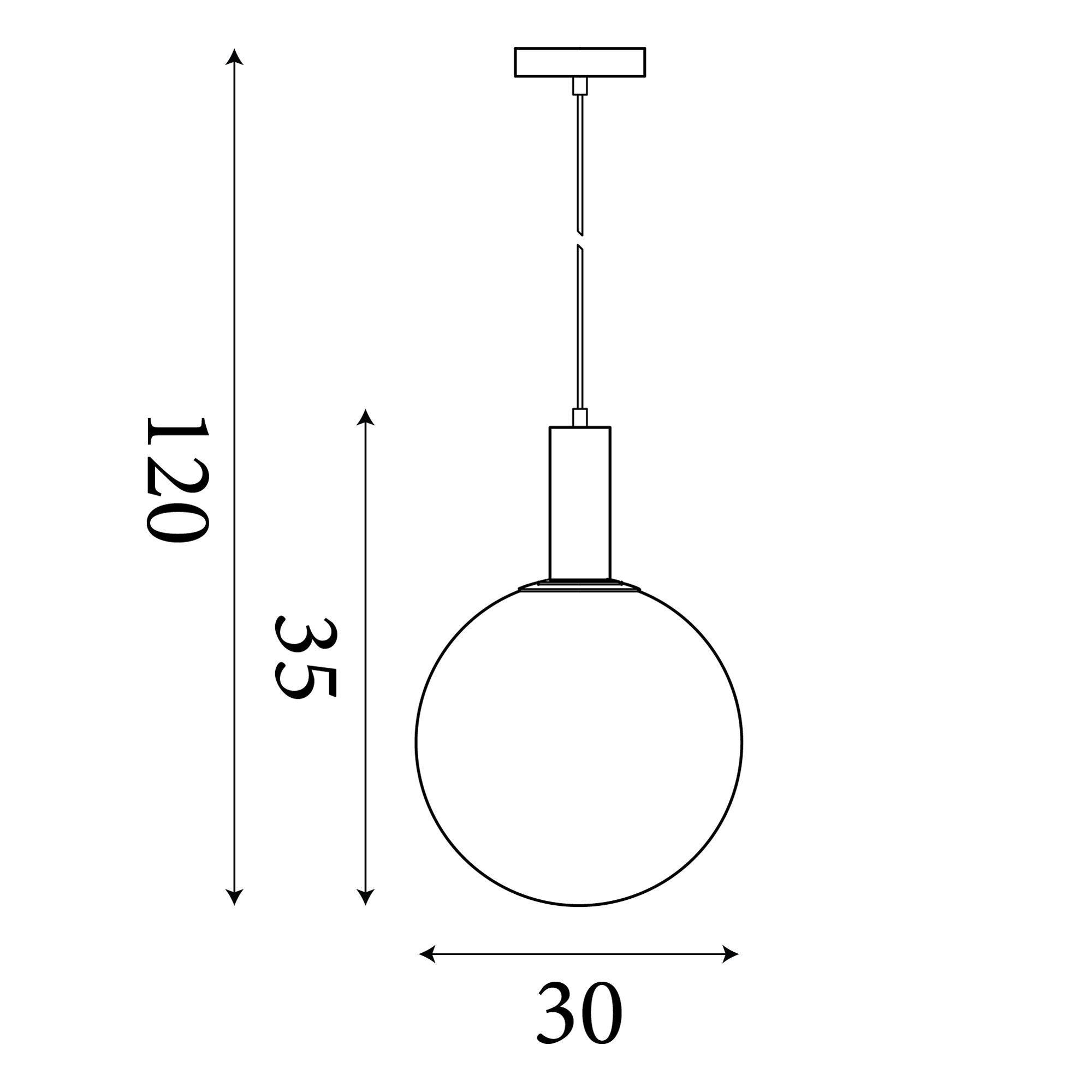 Line drawing of the Ombre pendant showing a 30cm globe width, 35cm globe height and 120cm overall drop