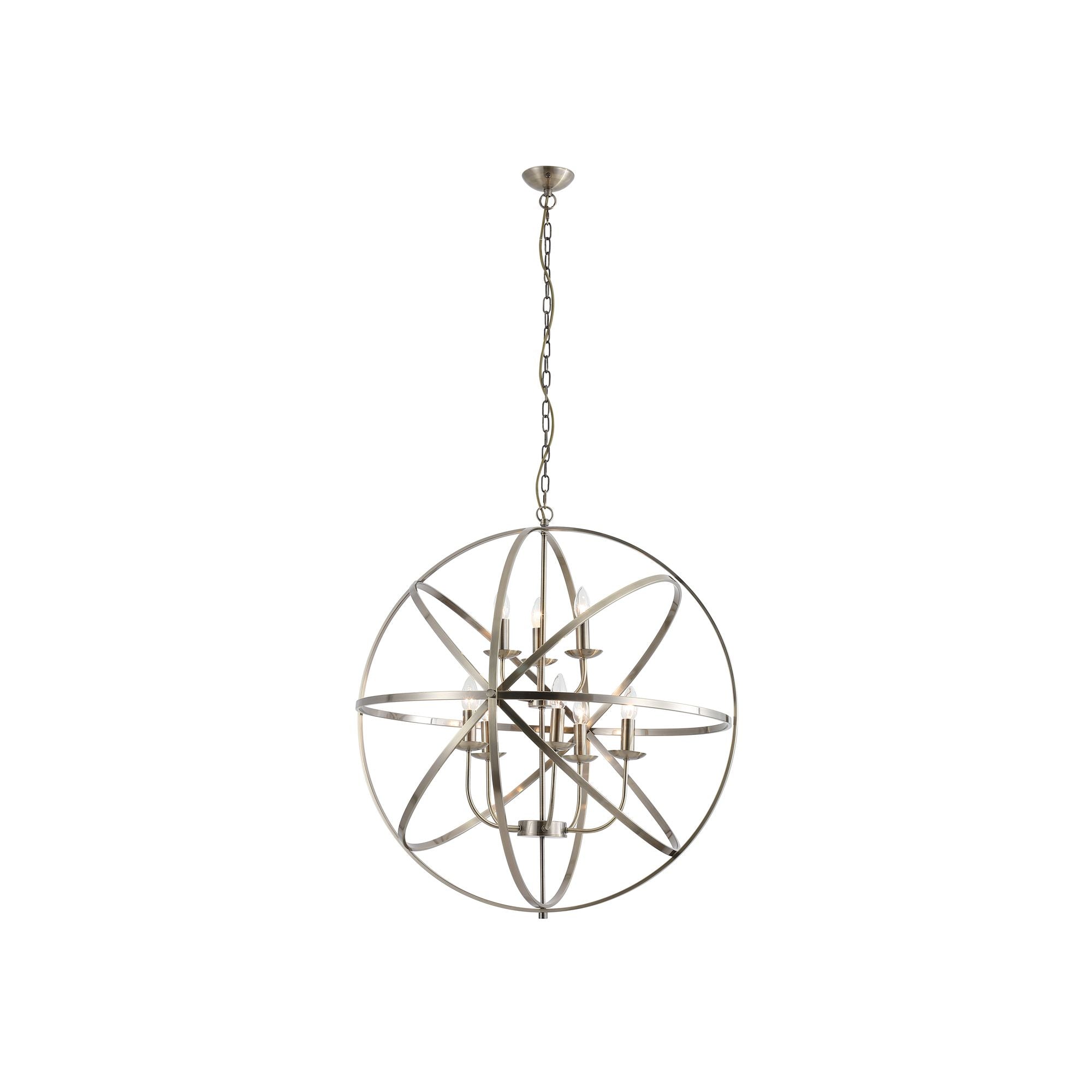 Searchlight Orbit 8 light pendant in antique brass metal, spherical cage frame with candle style bulb holders, shown with a short suspension chain on a plain white background