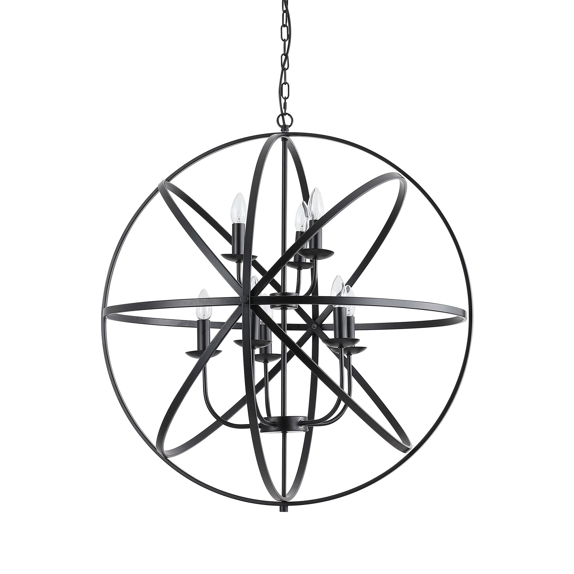 Searchlight Orbit 8 light pendant in matt black metal, spherical cage frame with candle style bulb holders, shown with a short suspension chain on a plain white background