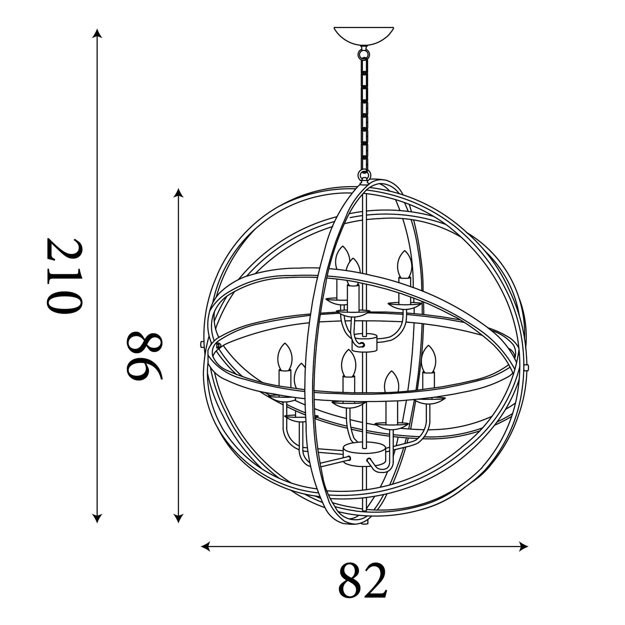 Line drawing showing the Orbit pendant's dimensions, 82cm diameter sphere, 86cm sphere height and 210cm maximum drop including chain