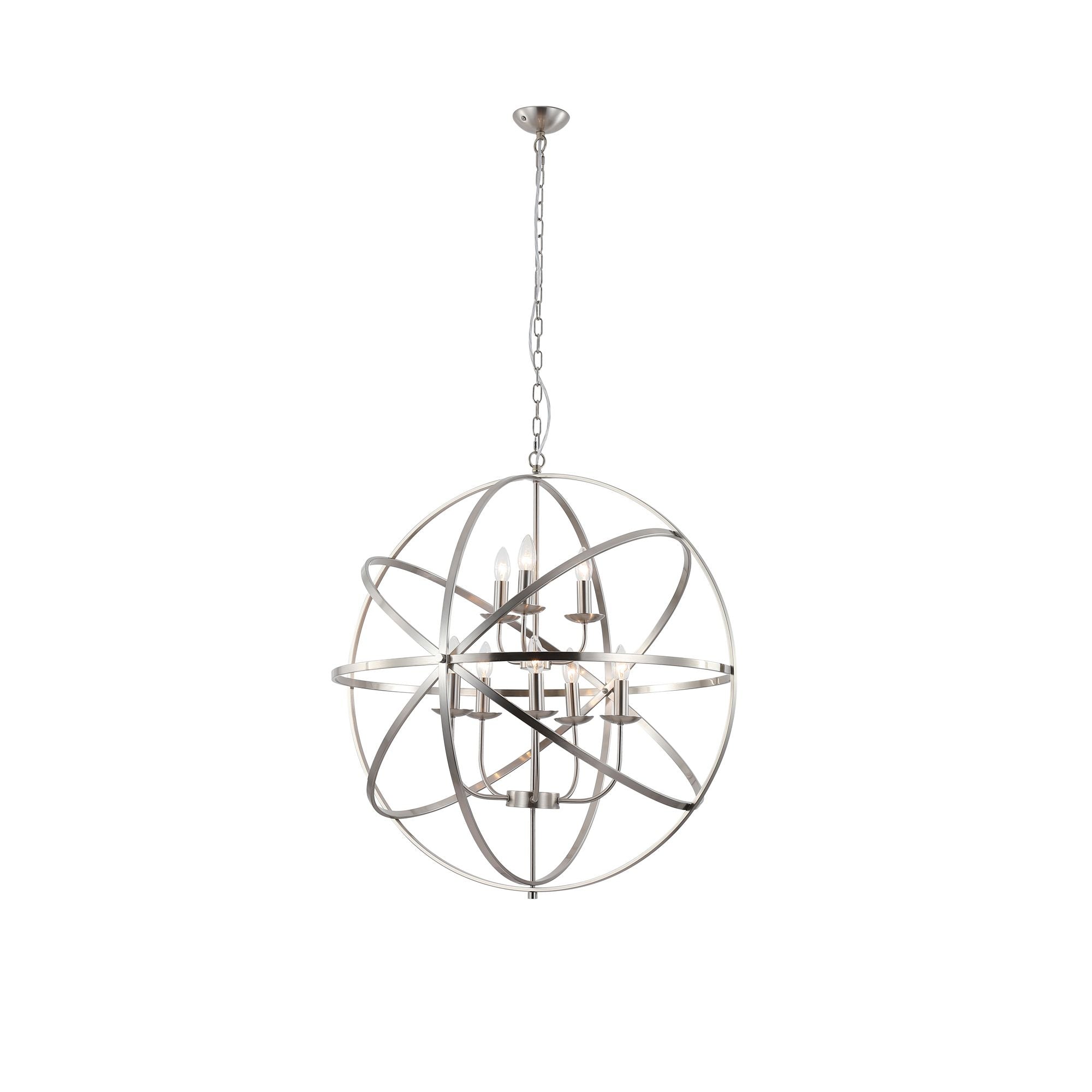 Searchlight Orbit 8 Light Pendant in satin silver, front view of the spherical orbit cage frame with candle style lamp holders, on a plain studio background