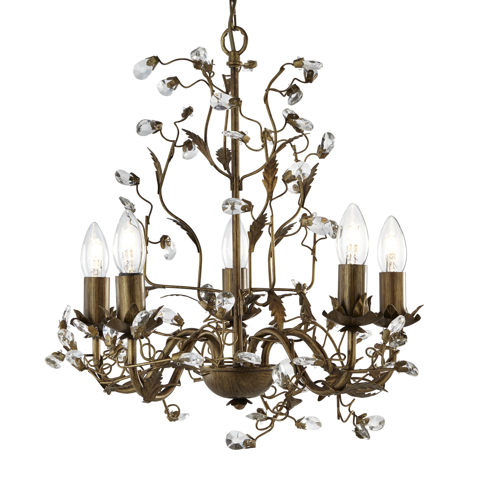 Searchlight Almandite 5 light pendant in brown gold finish with branching stems and clear crystal glass leaves, studio shot
