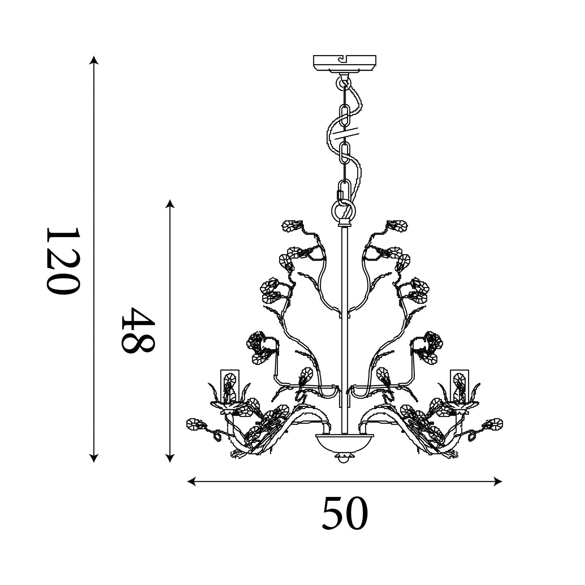 Searchlight Almandite 5 light pendant technical line drawing showing 50cm width and up to 120cm maximum drop