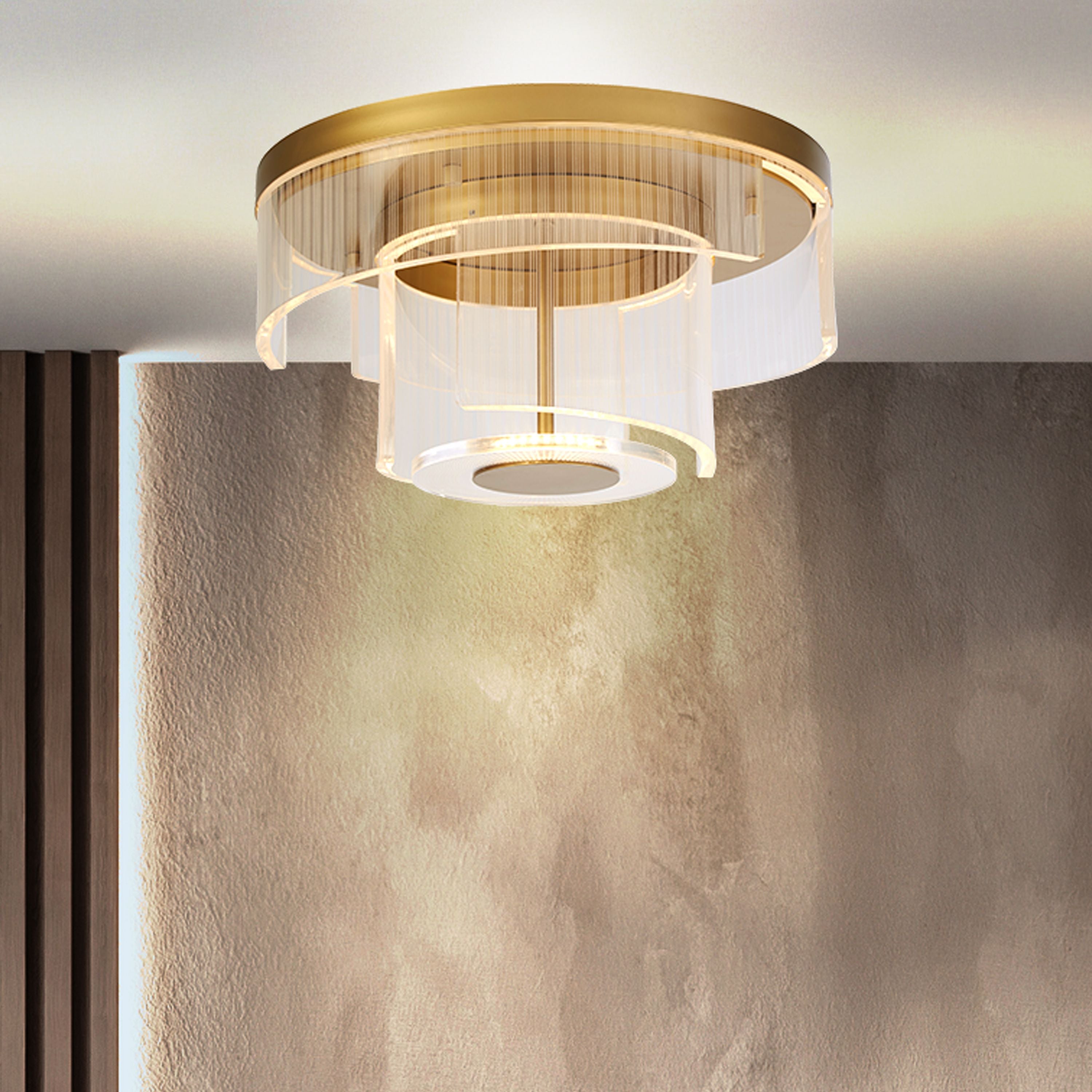 Searchlight Deco LED flush ceiling light fitted to a ceiling in a room with wood panelling and a plaster wall