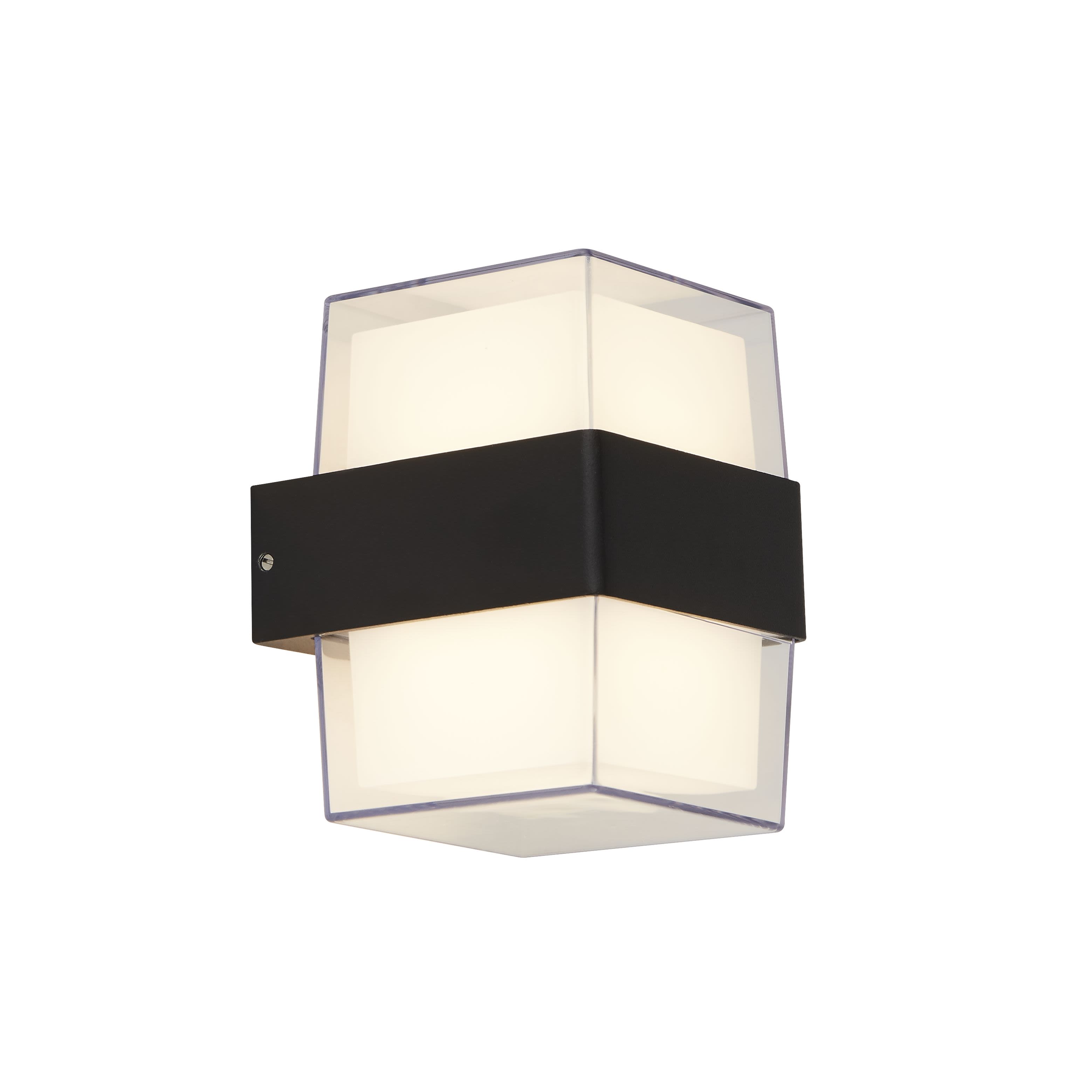 Searchlight Pittsburgh square outdoor wall light in black and opal, studio view showing the cube shaped clear cover, opal panels and black centre band, lit warm white