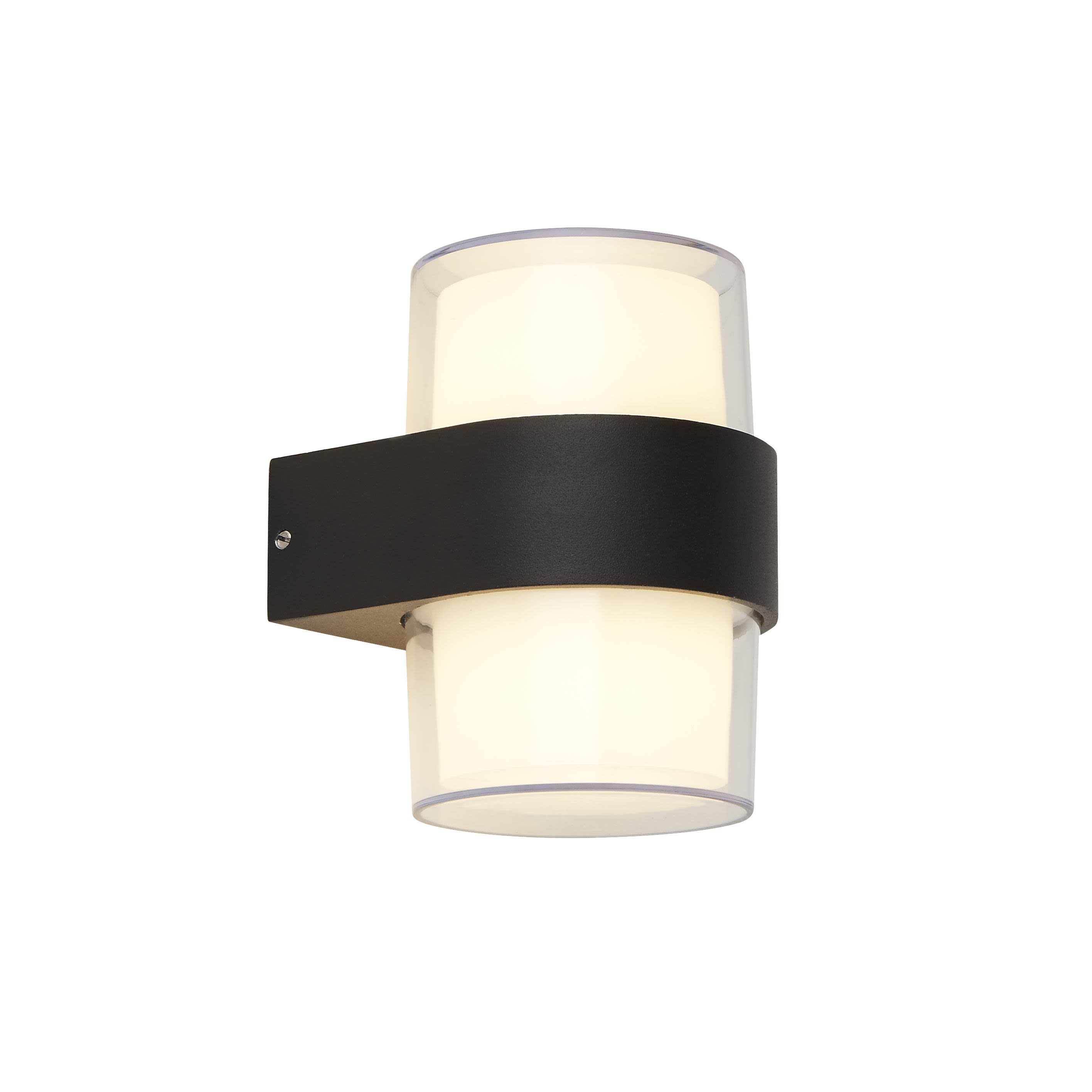 Searchlight Pittsburgh round outdoor wall light in black and opal, studio view showing the cylindrical clear cover, opal panels and black centre band, lit warm white