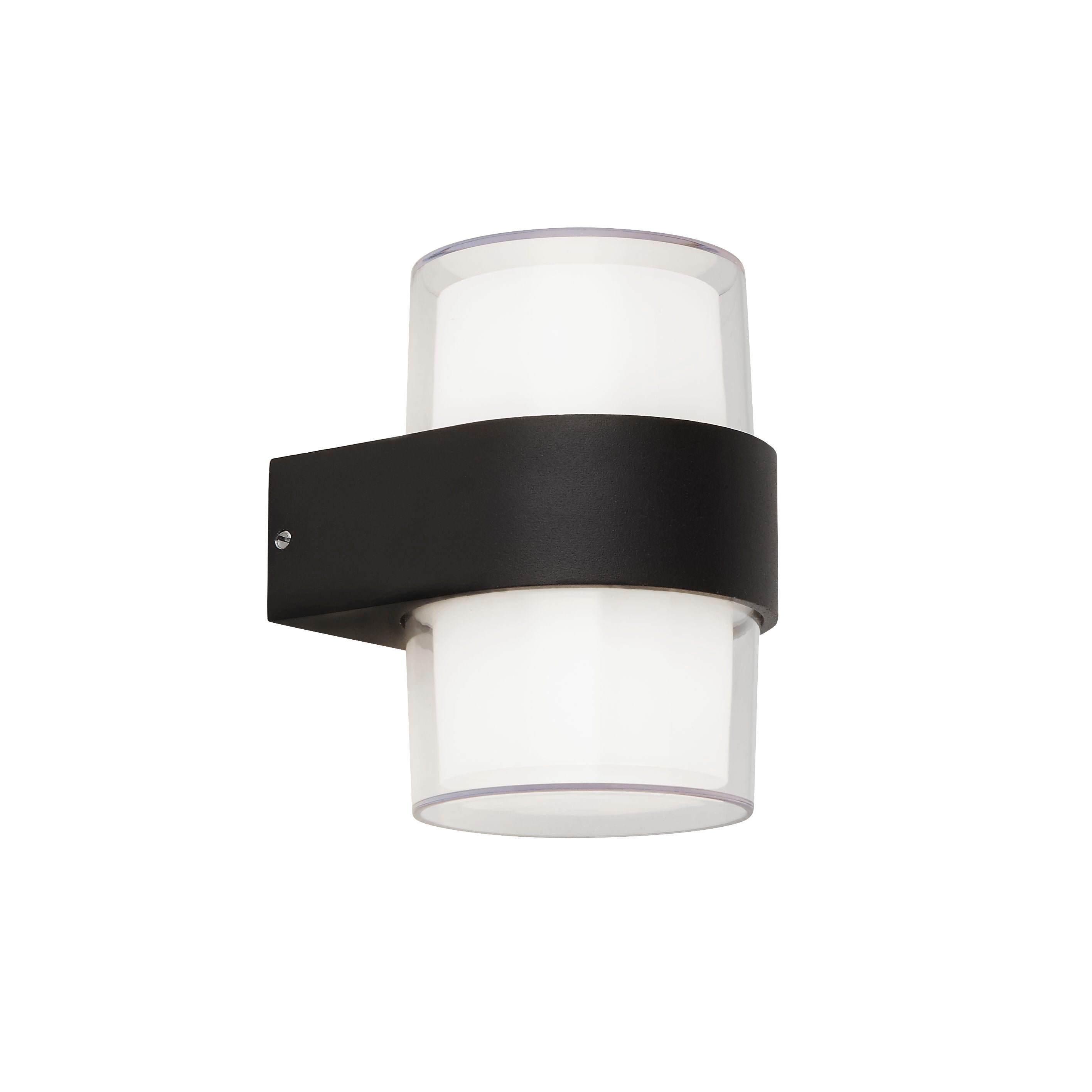 Searchlight Pittsburgh round outdoor wall light in black and opal, alternate studio angle showing the lit opal panels above and below the black band