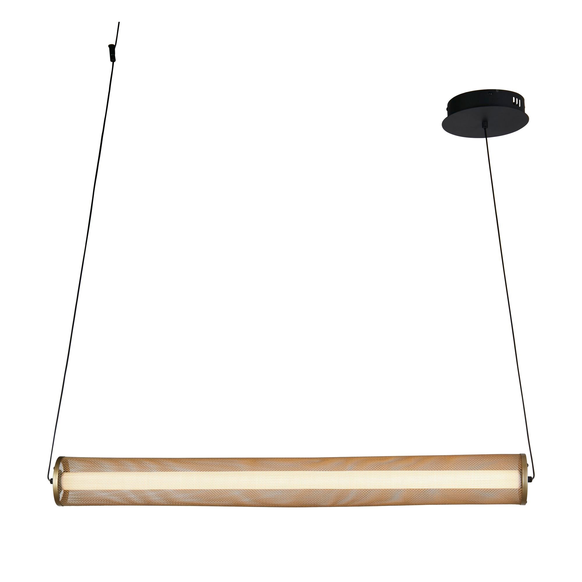 Searchlight Thread LED pendant in gold mesh and matt black, hung horizontally, shade lit warm white