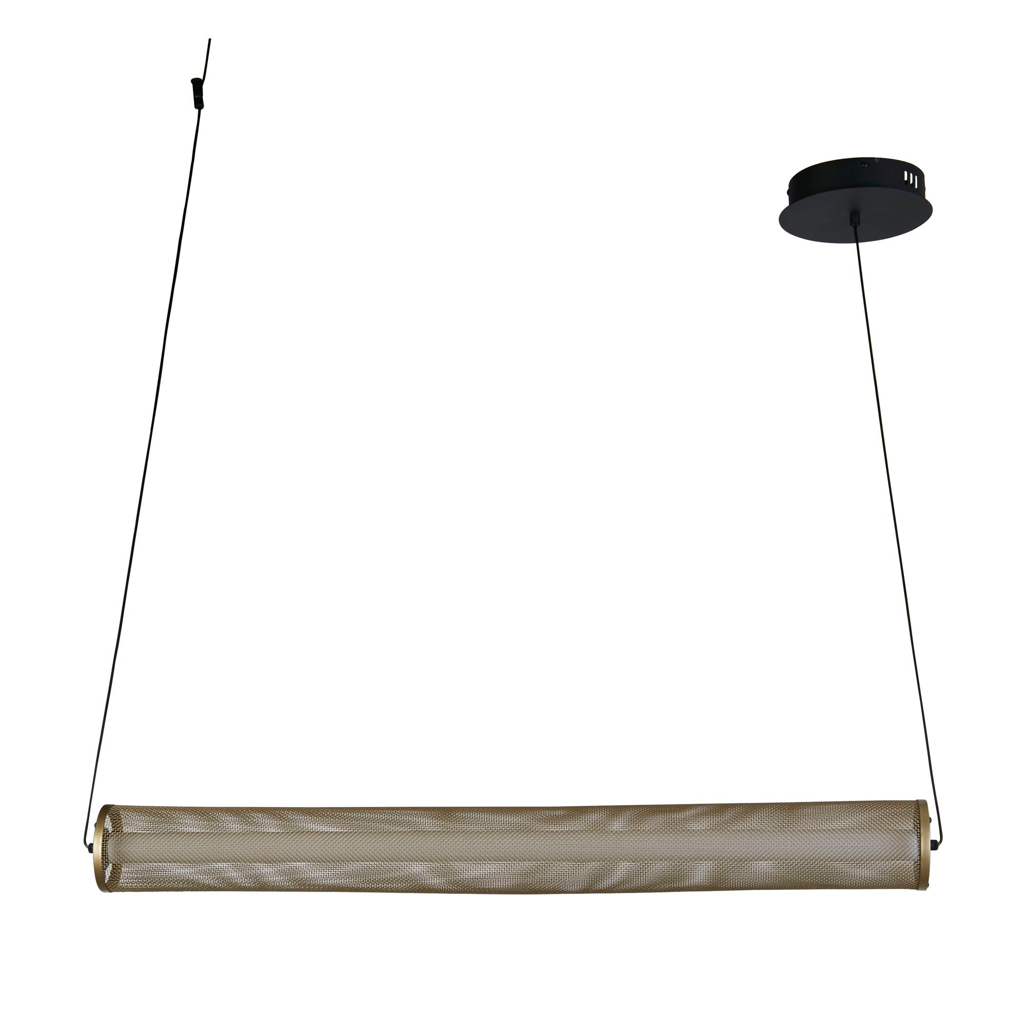 Searchlight Thread LED pendant in gold mesh and matt black, hung horizontally, shade unlit showing mesh texture