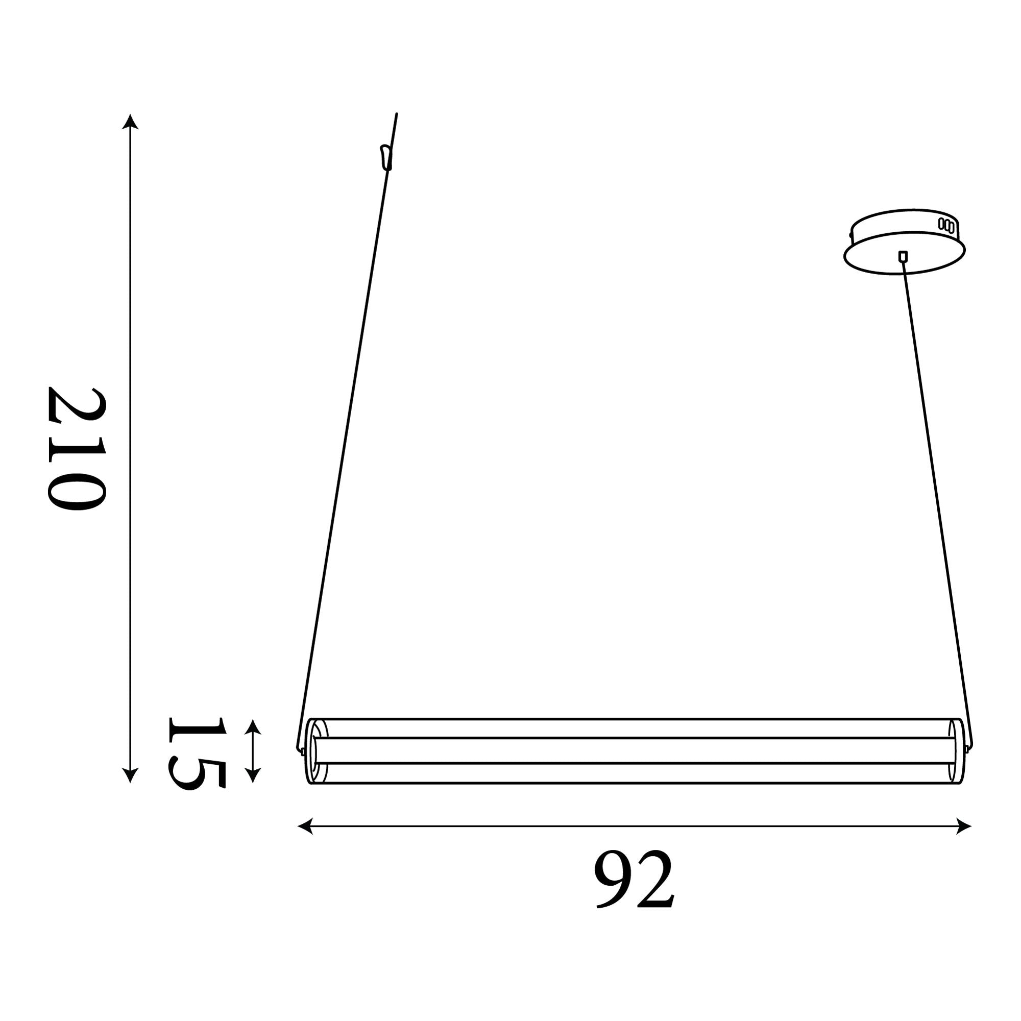 Technical line drawing of the Thread LED pendant showing dimensions, 210cm maximum drop, 92cm length, 15cm diameter