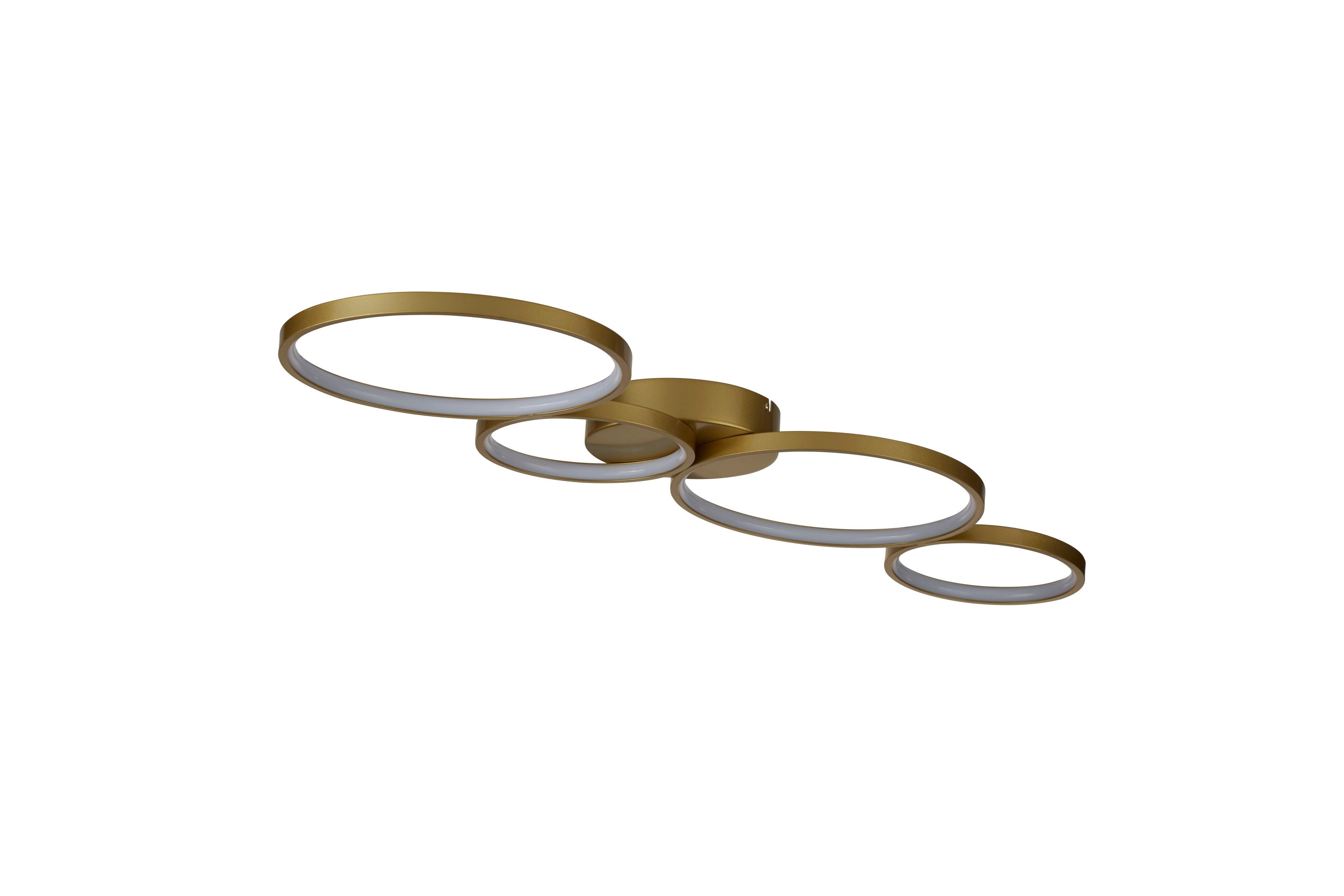 Searchlight Cirque LED 4 Light Flush in gold, angled studio shot on a white background showing all four illuminated rings from a slightly different angle