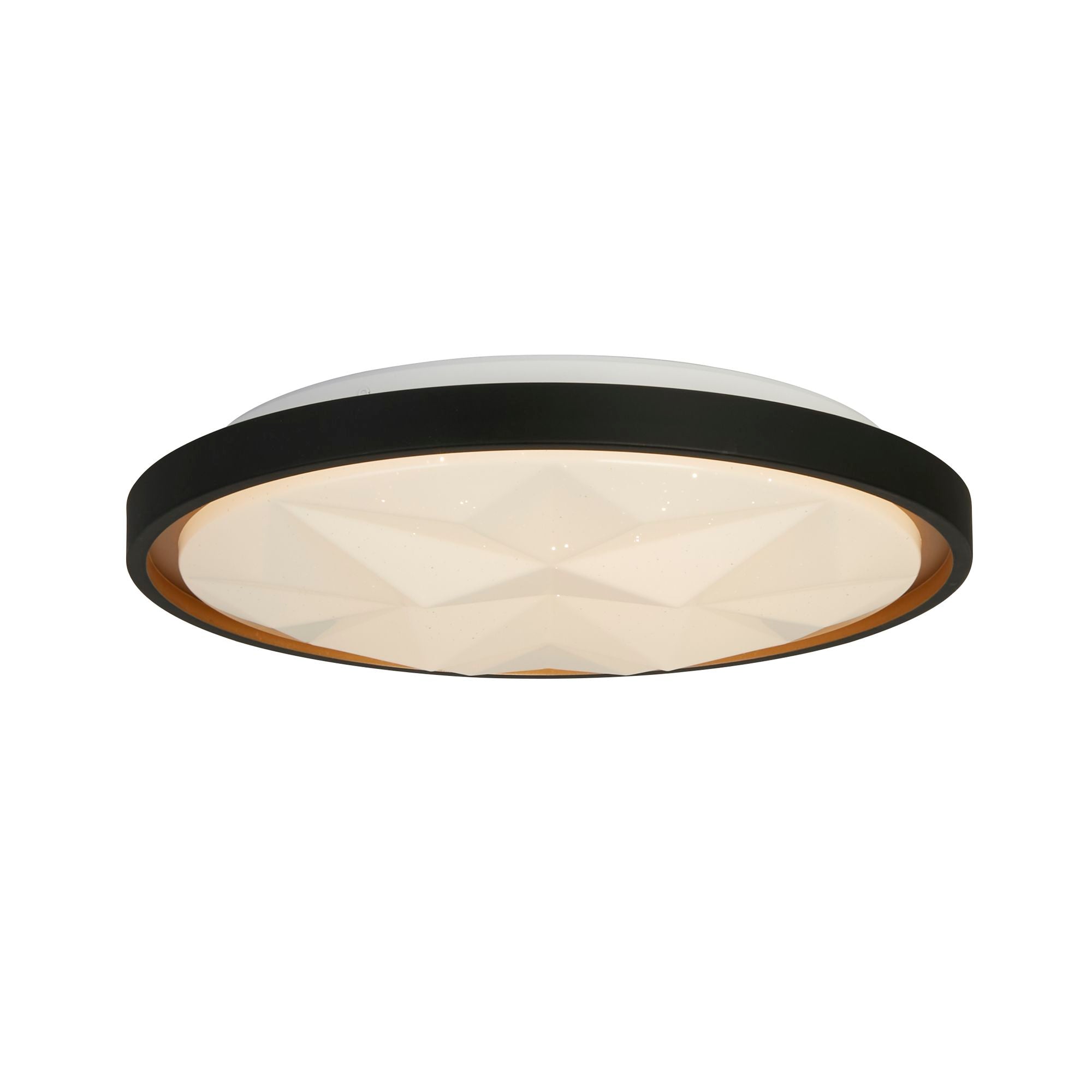 Searchlight Satellite LED flush ceiling light in black with a faceted star effect diffuser, angled studio shot with the light on