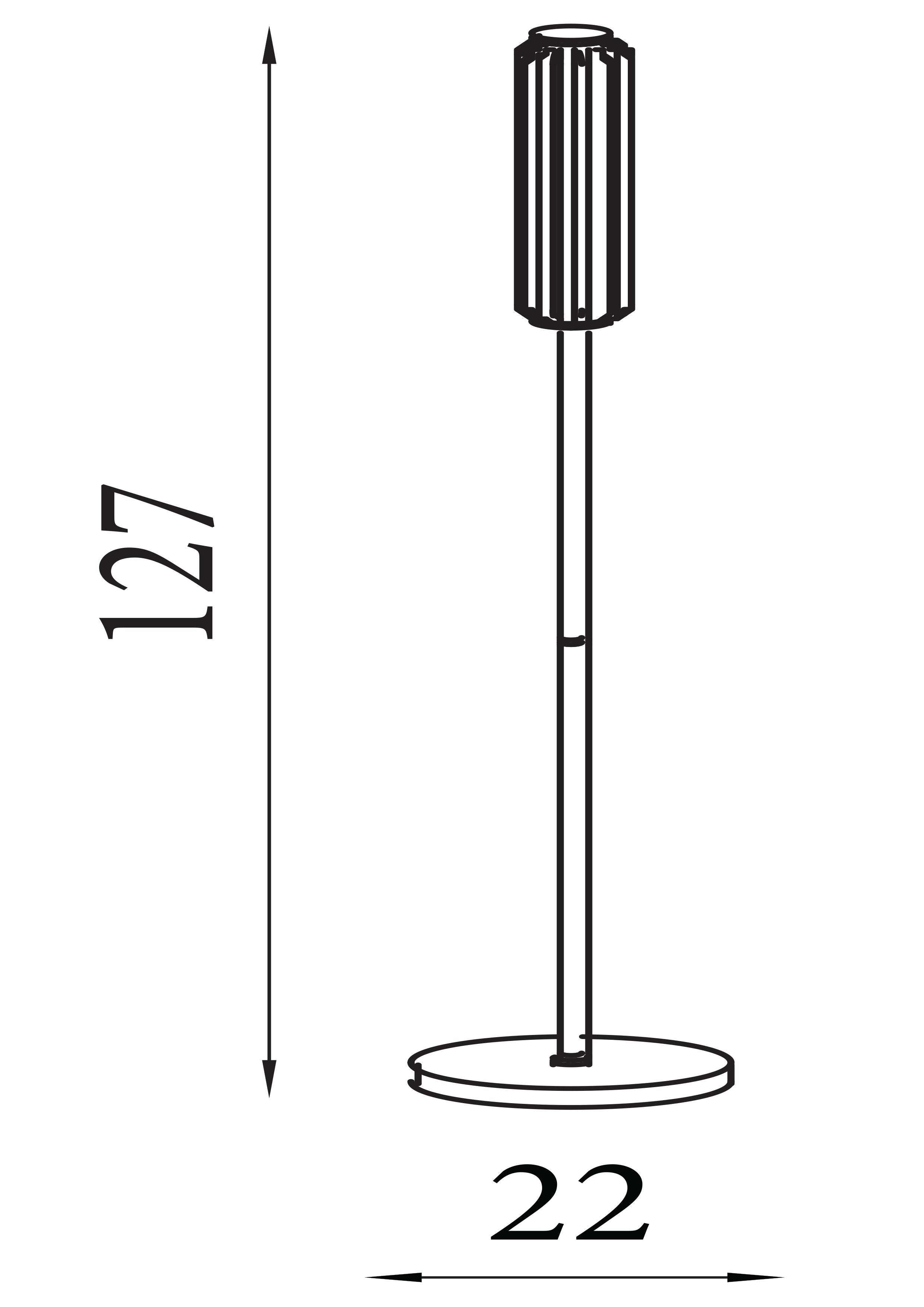 Technical line drawing of the Searchlight Mod LED Floor Lamp showing a height of 127cm and base diameter of 22cm